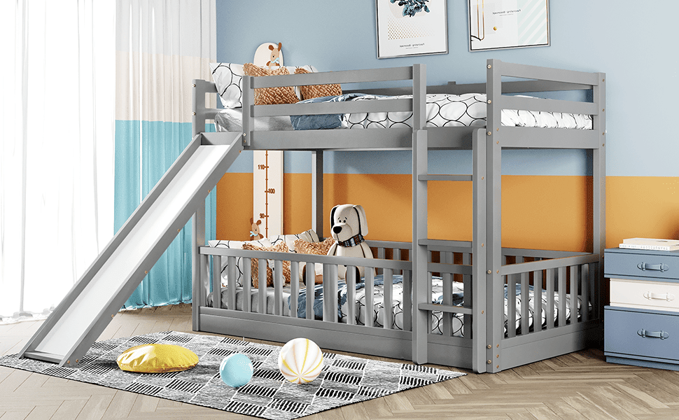 Fun Twin Over Twin Wood Bunk Bed with Slide and Reversible Ladder, White, Gray, Espresso | Just Better Bunk Beds
