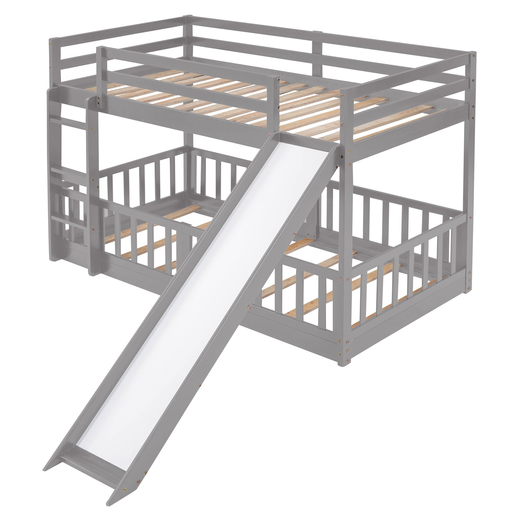 Fun Twin Over Twin Wood Bunk Bed with Slide and Reversible Ladder, White, Gray, Espresso | Just Better Bunk Beds