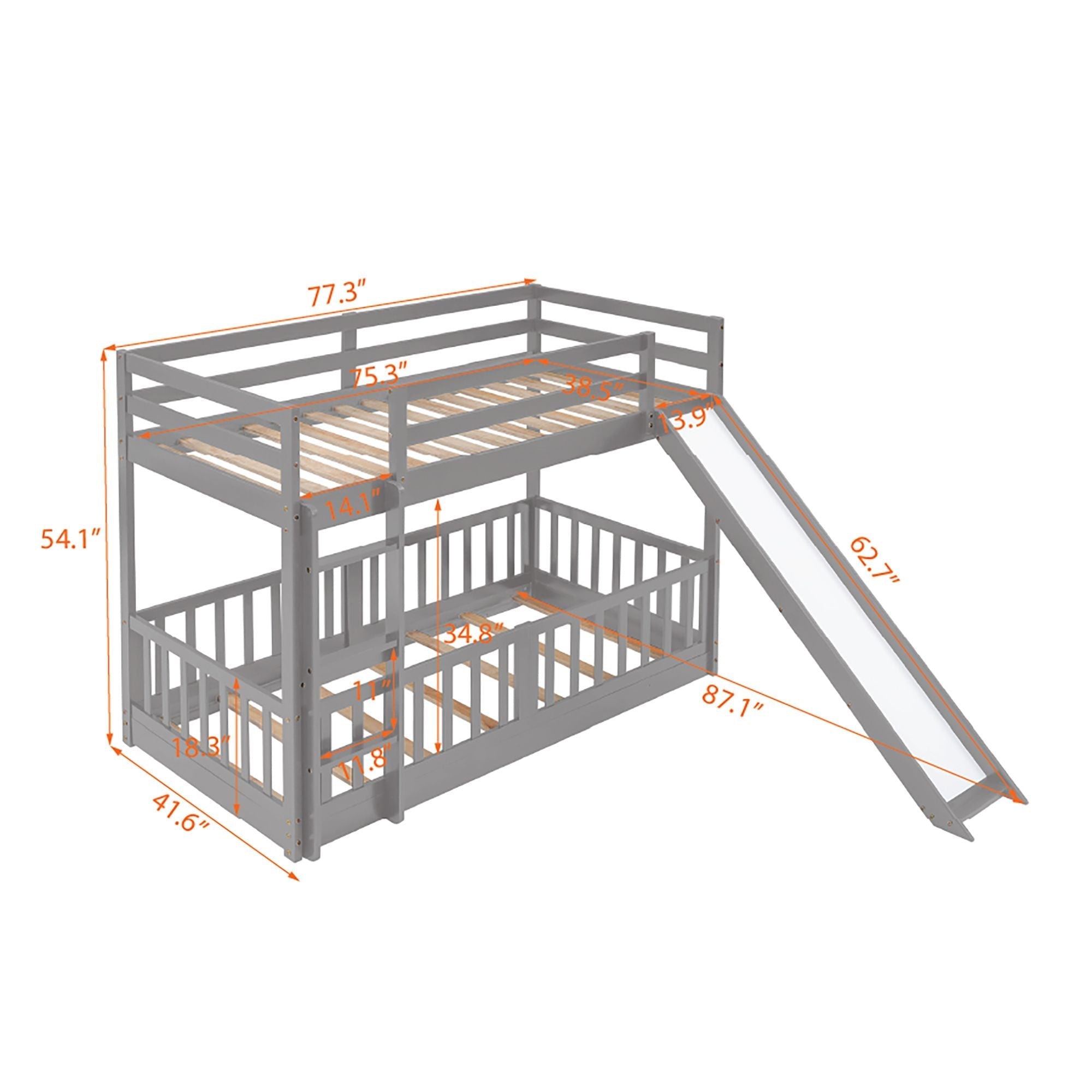 Fun Twin Over Twin Wood Bunk Bed with Slide and Reversible Ladder, White, Gray, Espresso | Just Better Bunk Beds