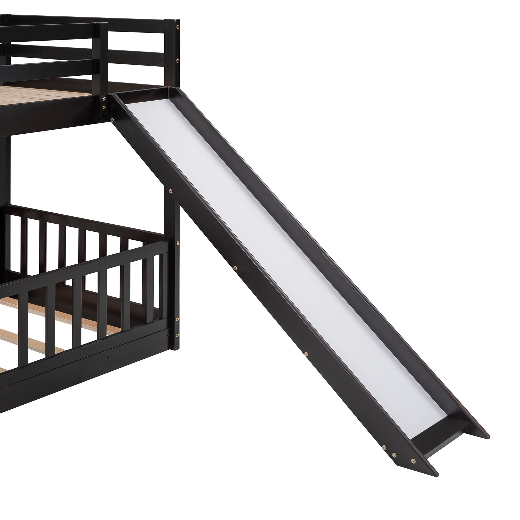 Fun Twin Over Twin Wood Bunk Bed with Slide and Reversible Ladder, White, Gray, Espresso | Just Better Bunk Beds