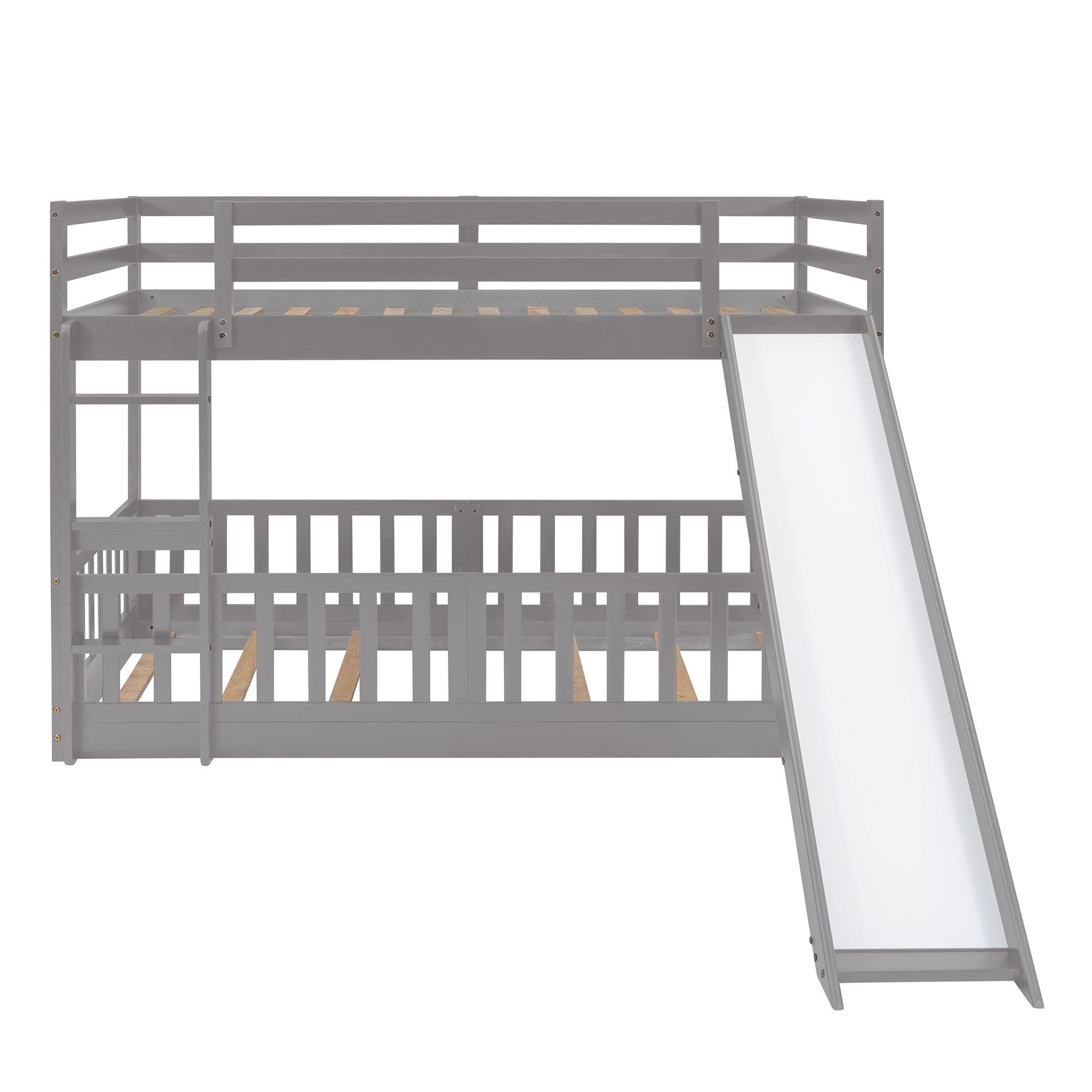 Fun Twin Over Twin Wood Bunk Bed with Slide and Reversible Ladder, White, Gray, Espresso | Just Better Bunk Beds