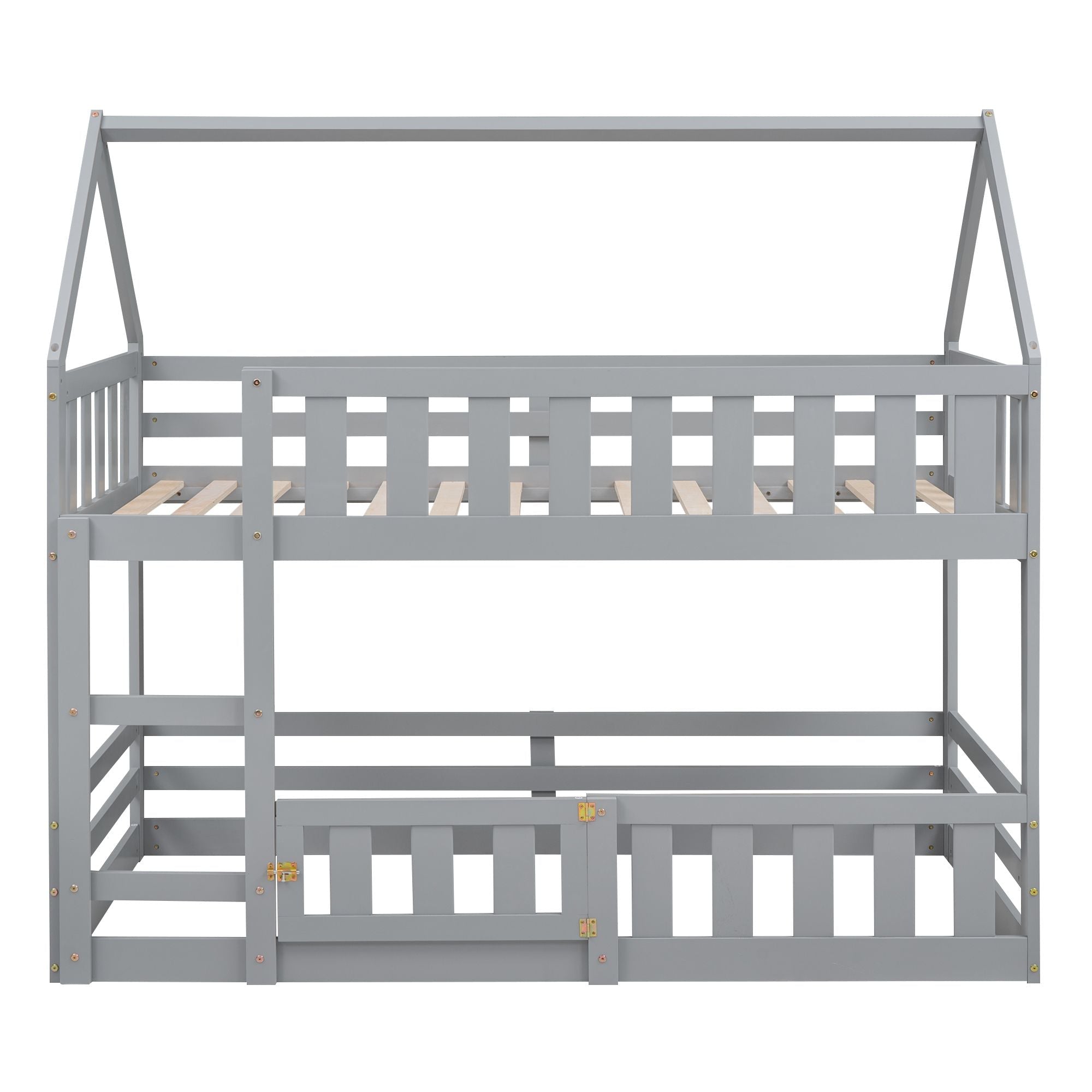 Fun Twin Over Twin Wood House Bunk Bed with Fence and Door, Gray, Pine Wood | Just Better Bunk Beds