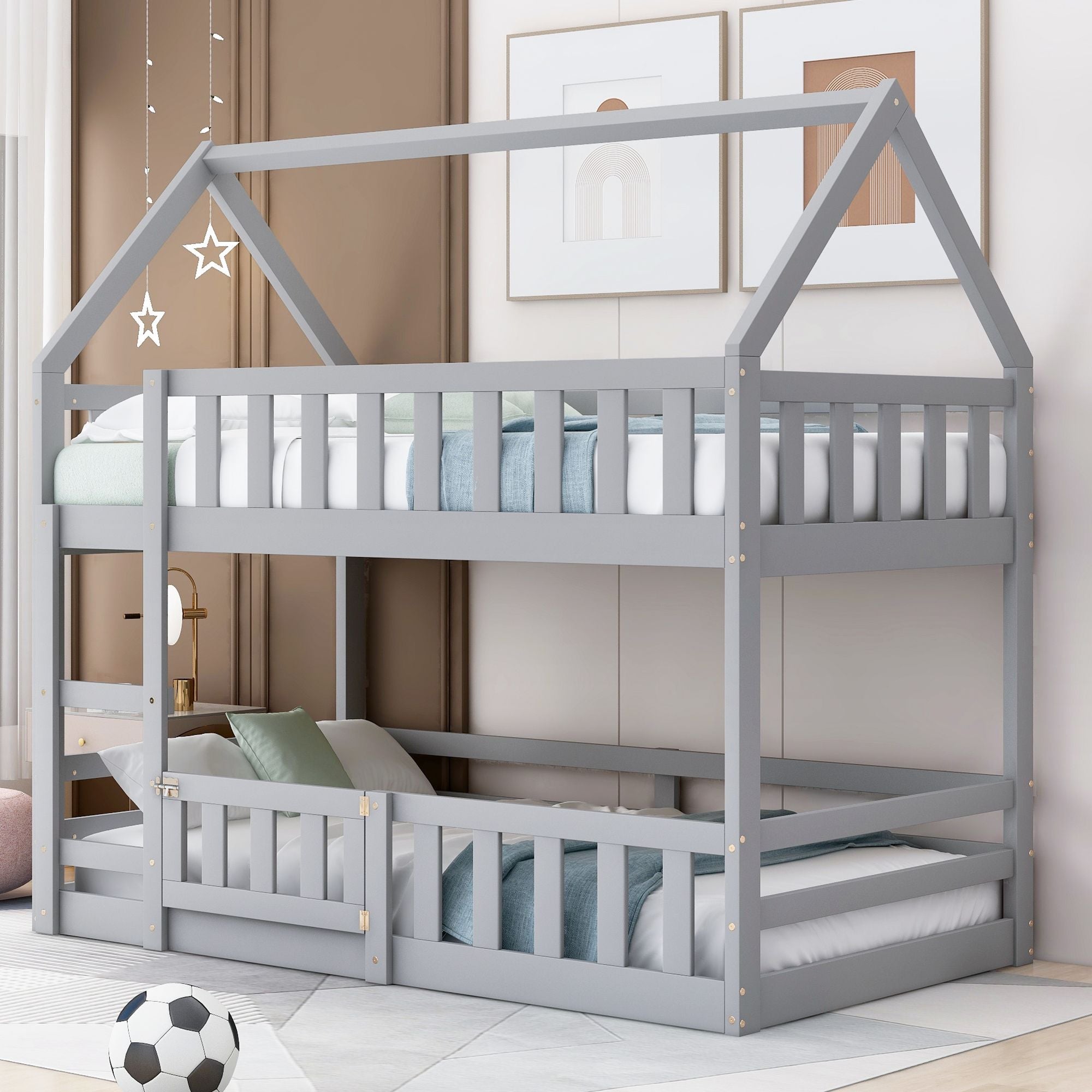 Fun Twin Over Twin Wood House Bunk Bed with Fence and Door, Gray, Pine Wood | Just Better Bunk Beds