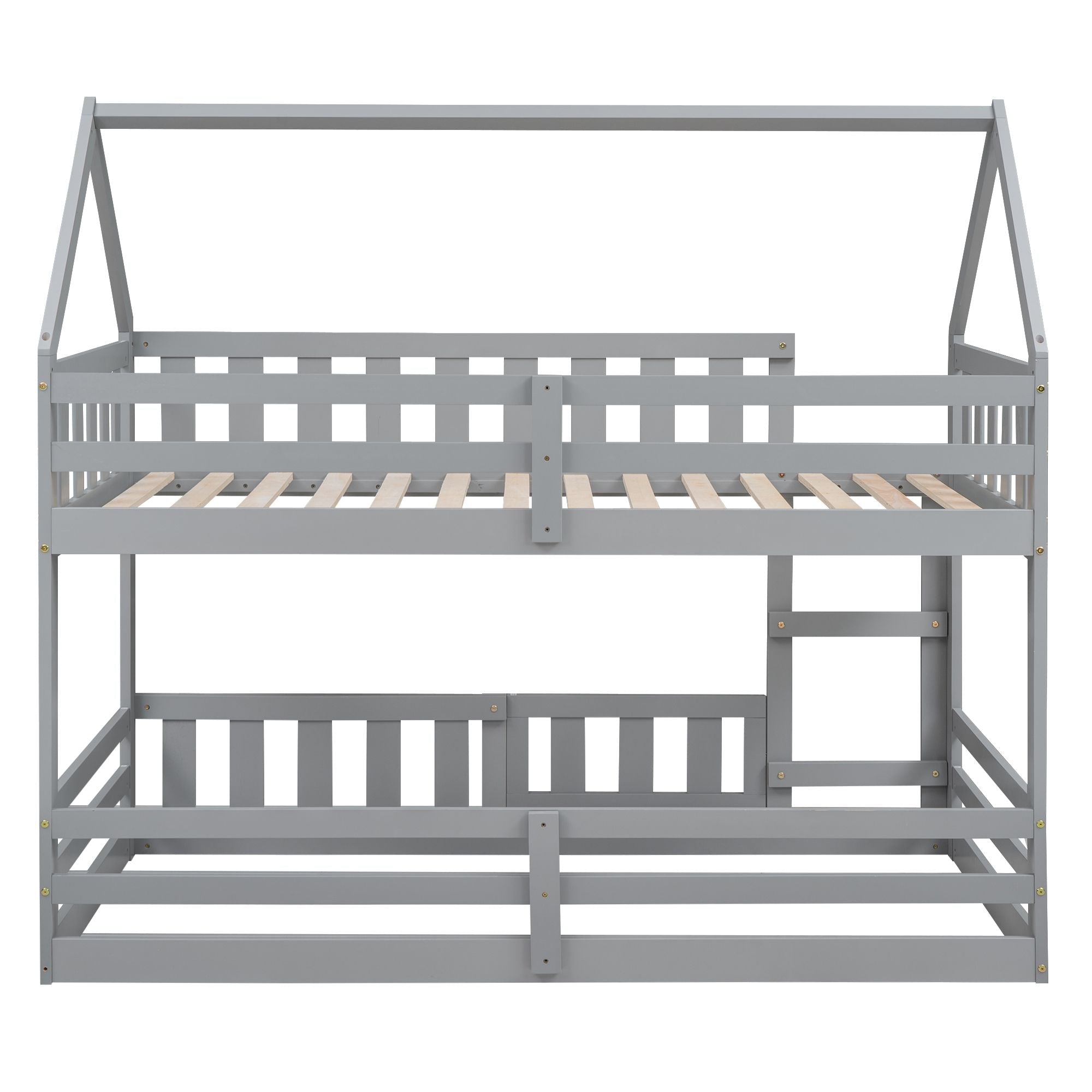Fun Twin Over Twin Wood House Bunk Bed with Fence and Door, Gray, Pine Wood | Just Better Bunk Beds