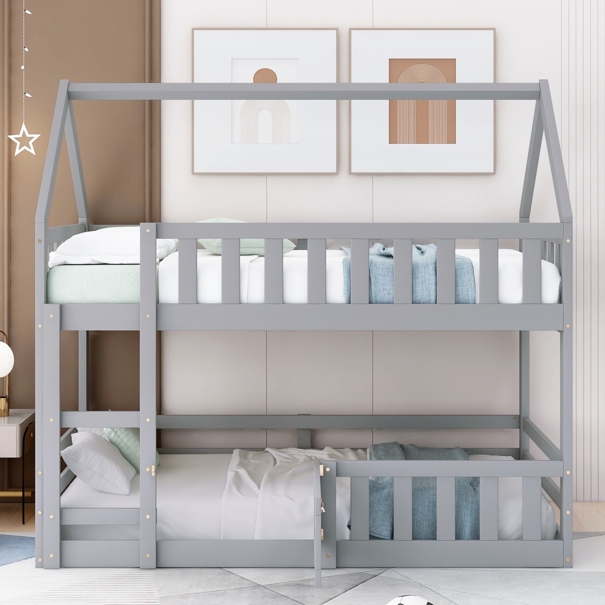 Fun Twin Over Twin Wood House Bunk Bed with Fence and Door, Gray, Pine Wood | Just Better Bunk Beds