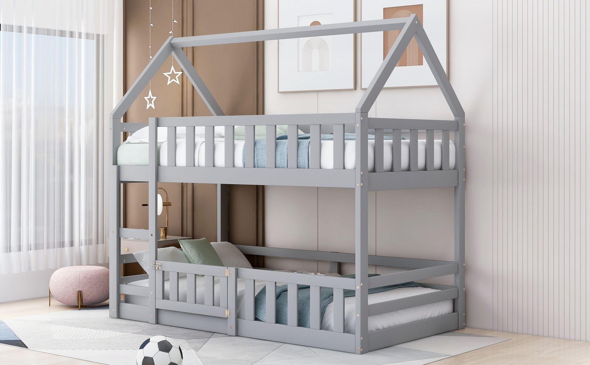 Fun Twin Over Twin Wood House Bunk Bed with Fence and Door, Gray, Pine Wood | Just Better Bunk Beds