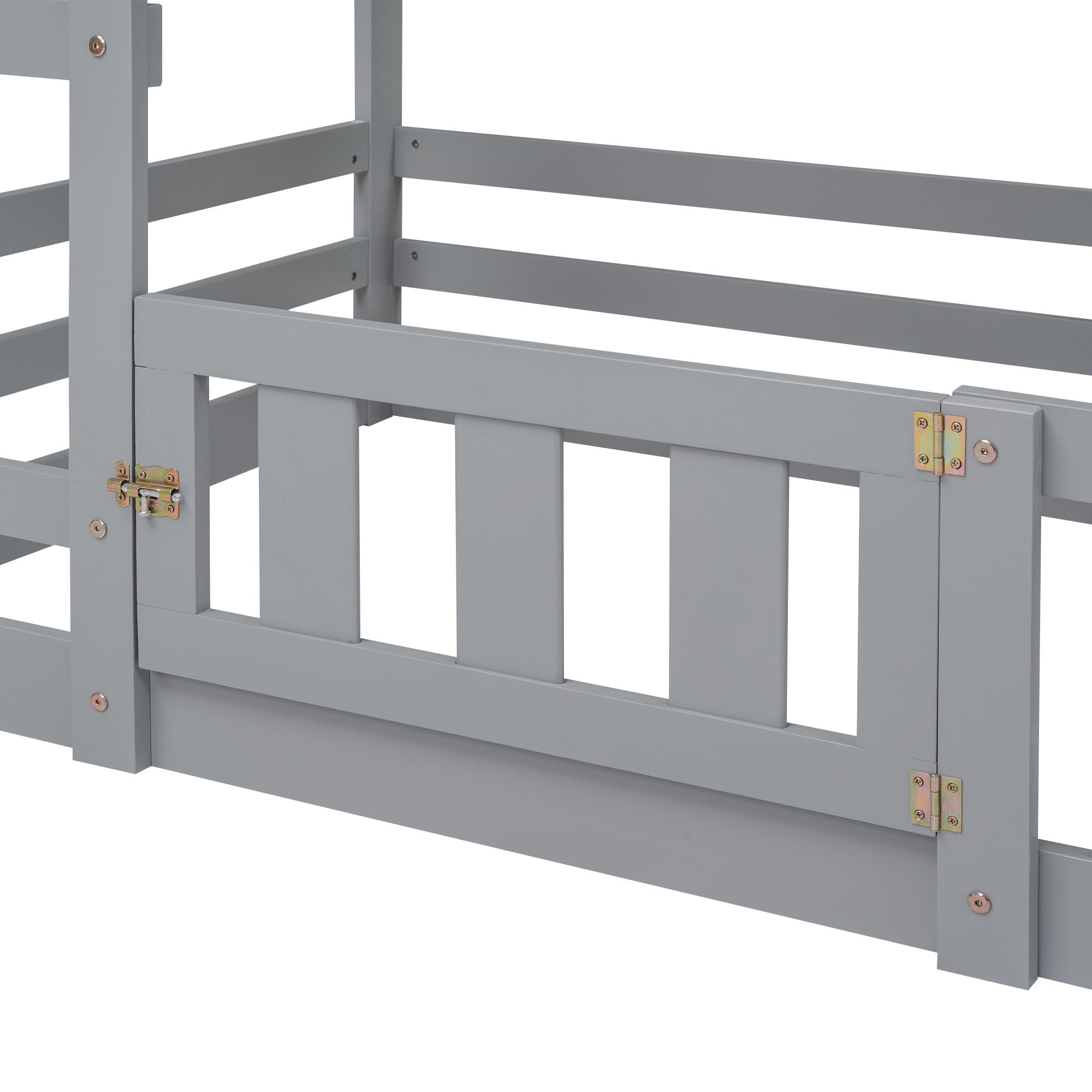 Fun Twin Over Twin Wood House Bunk Bed with Fence and Door, Gray, Pine Wood | Just Better Bunk Beds