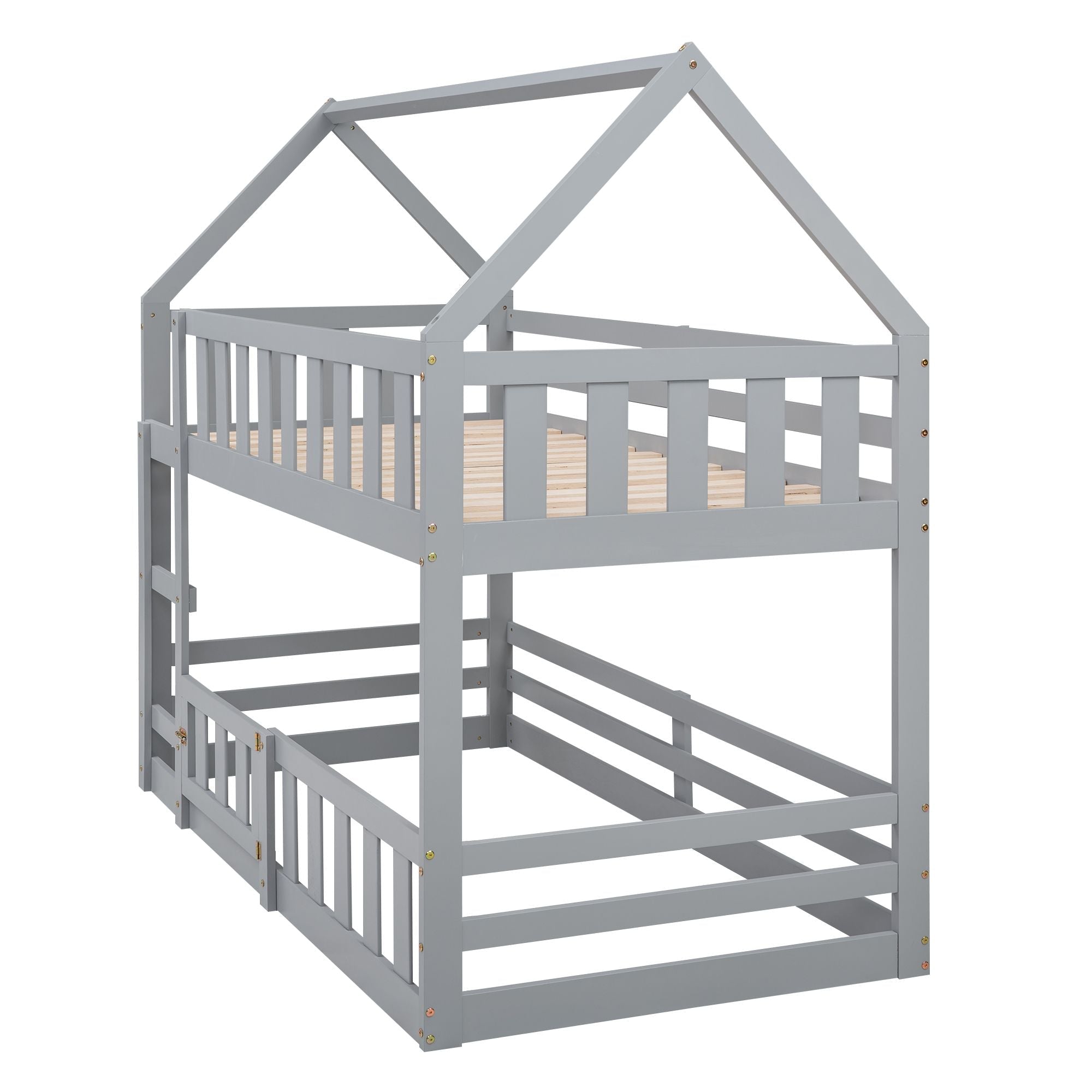 Fun Twin Over Twin Wood House Bunk Bed with Fence and Door, Gray, Pine Wood | Just Better Bunk Beds