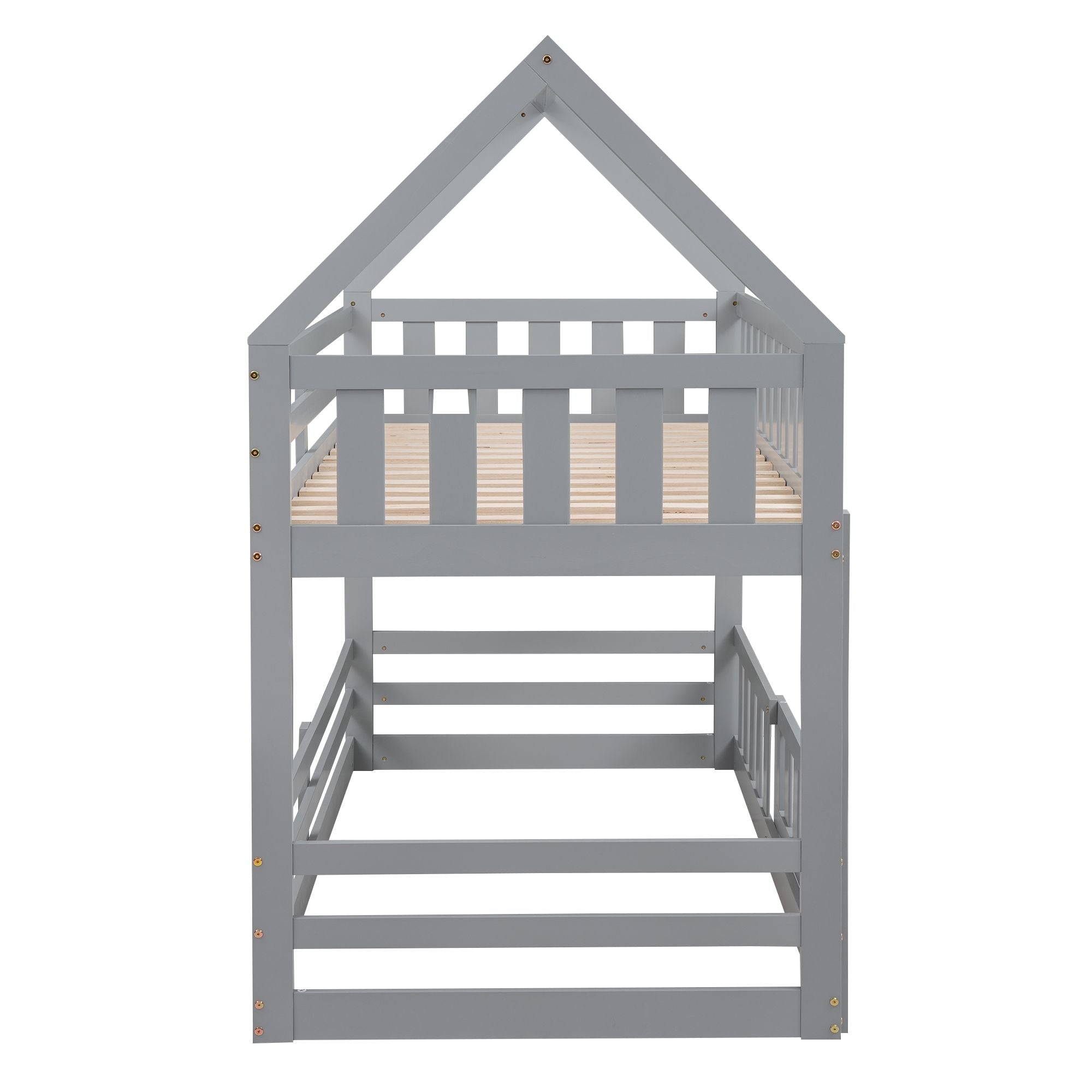 Fun Twin Over Twin Wood House Bunk Bed with Fence and Door, Gray, Pine Wood | Just Better Bunk Beds