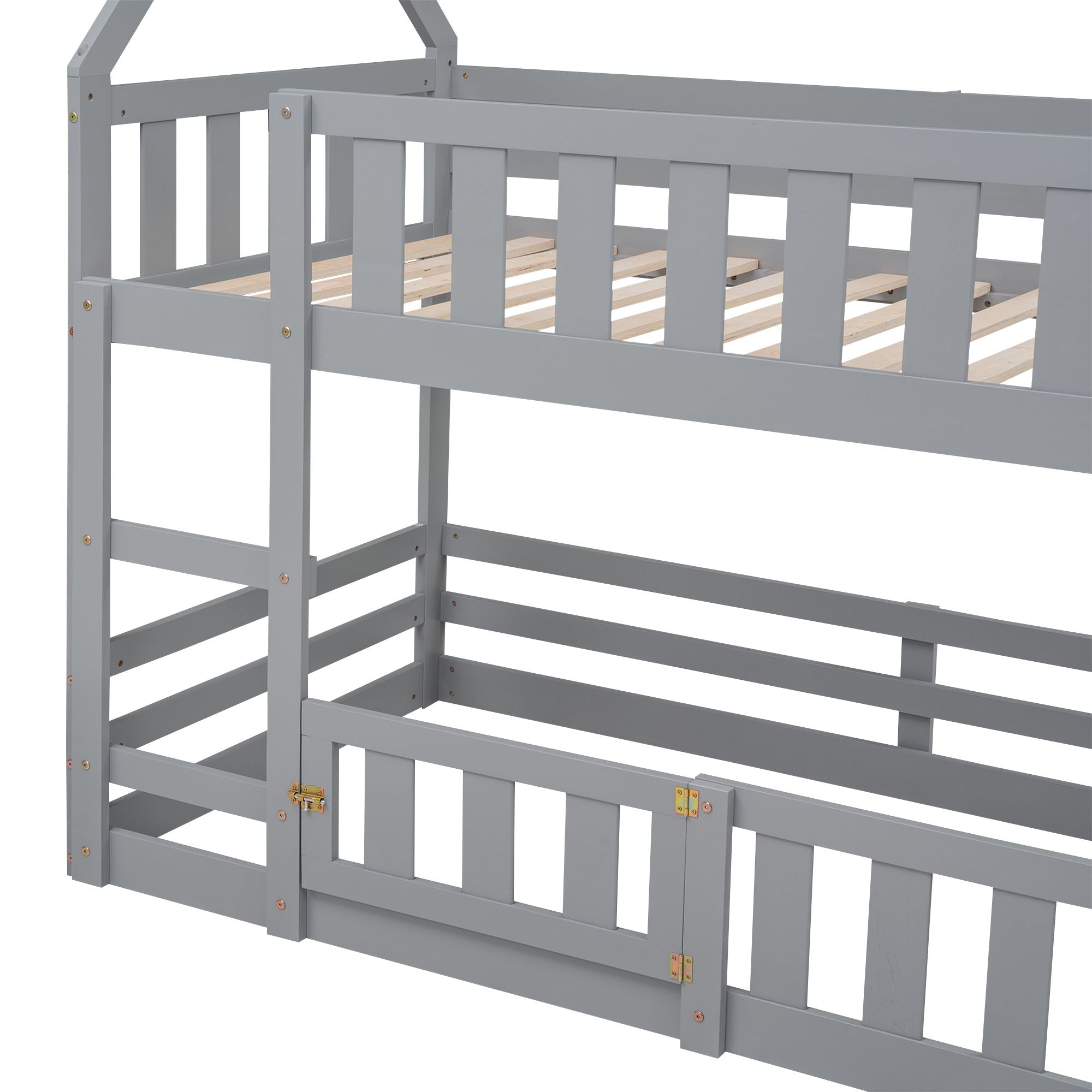 Fun Twin Over Twin Wood House Bunk Bed with Fence and Door, Gray, Pine Wood | Just Better Bunk Beds