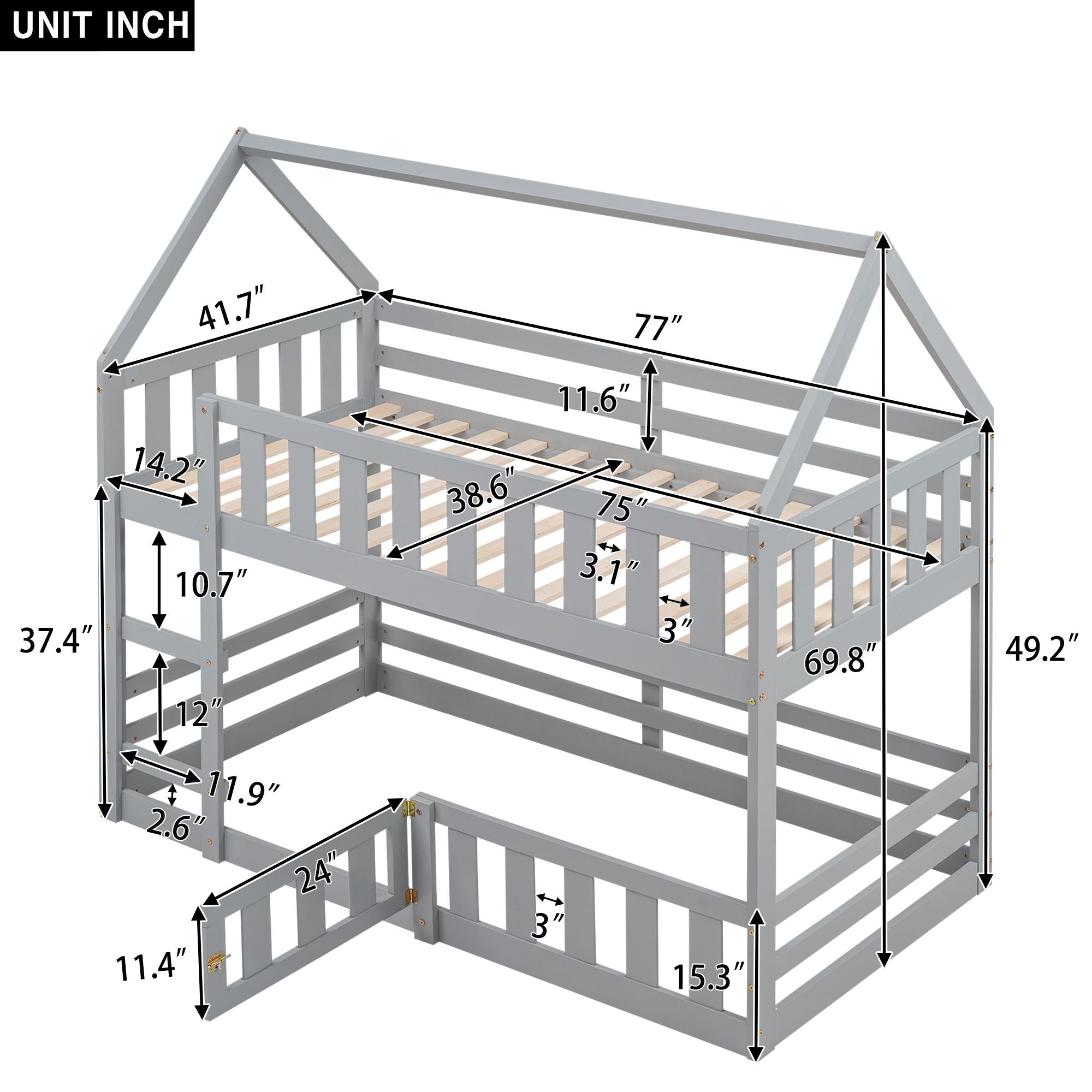 Fun Twin Over Twin Wood House Bunk Bed with Fence and Door, Gray, Pine Wood | Just Better Bunk Beds