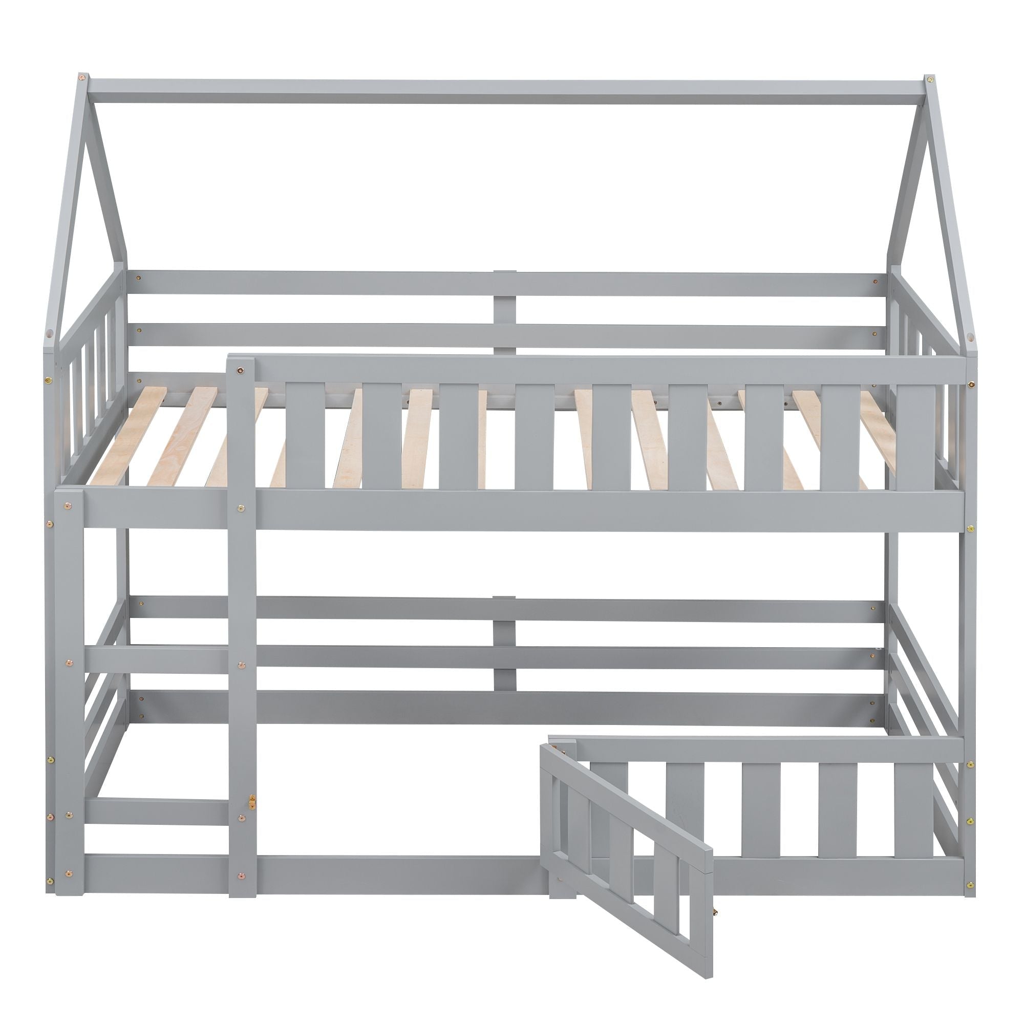 Fun Twin Over Twin Wood House Bunk Bed with Fence and Door, Gray, Pine Wood | Just Better Bunk Beds