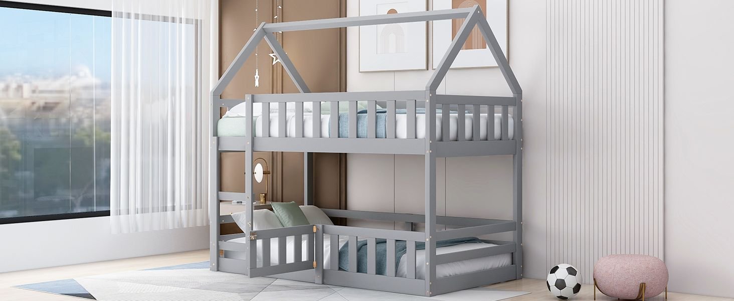 Fun Twin Over Twin Wood House Bunk Bed with Fence and Door, Gray, Pine Wood | Just Better Bunk Beds