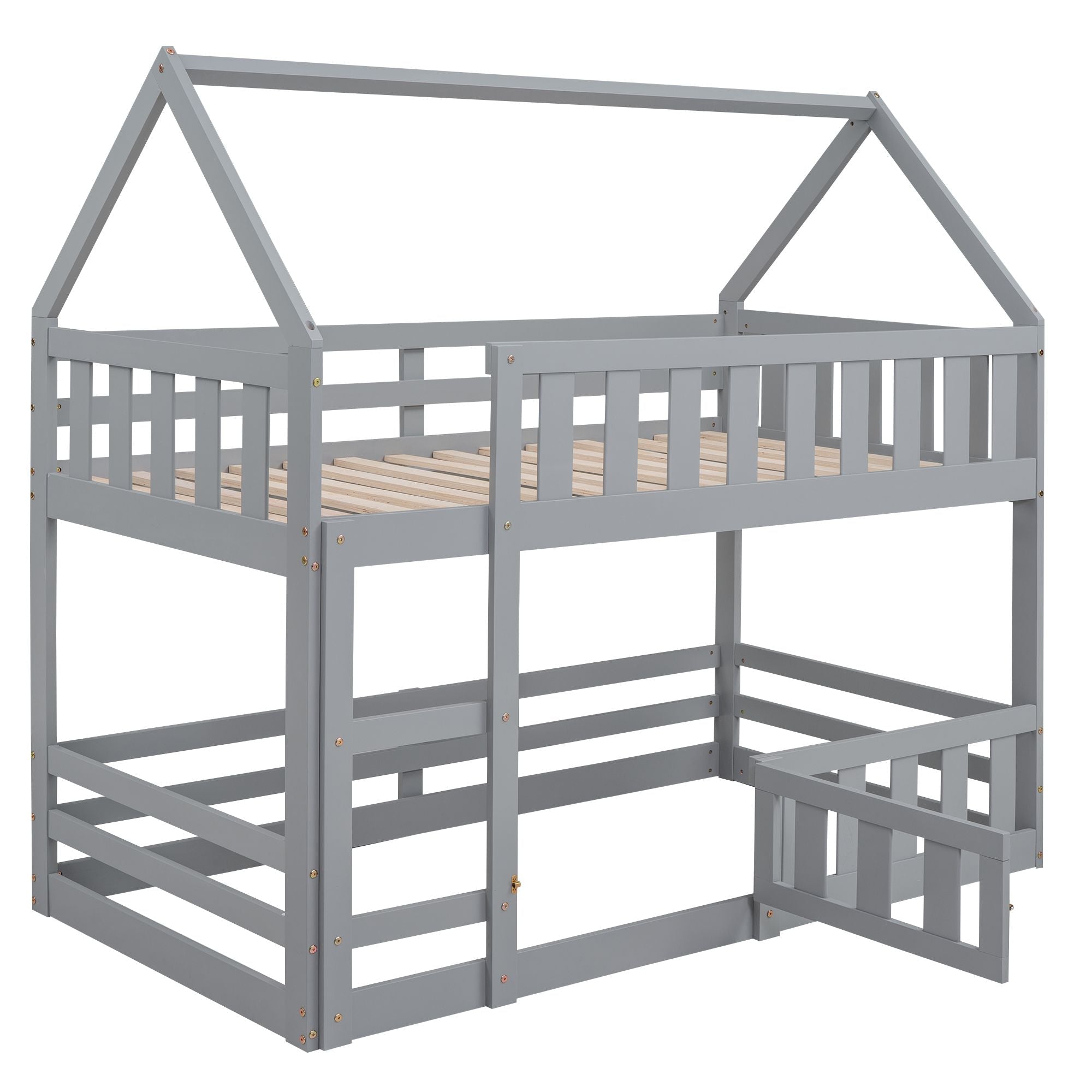 Fun Twin Over Twin Wood House Bunk Bed with Fence and Door, Gray, Pine Wood | Just Better Bunk Beds