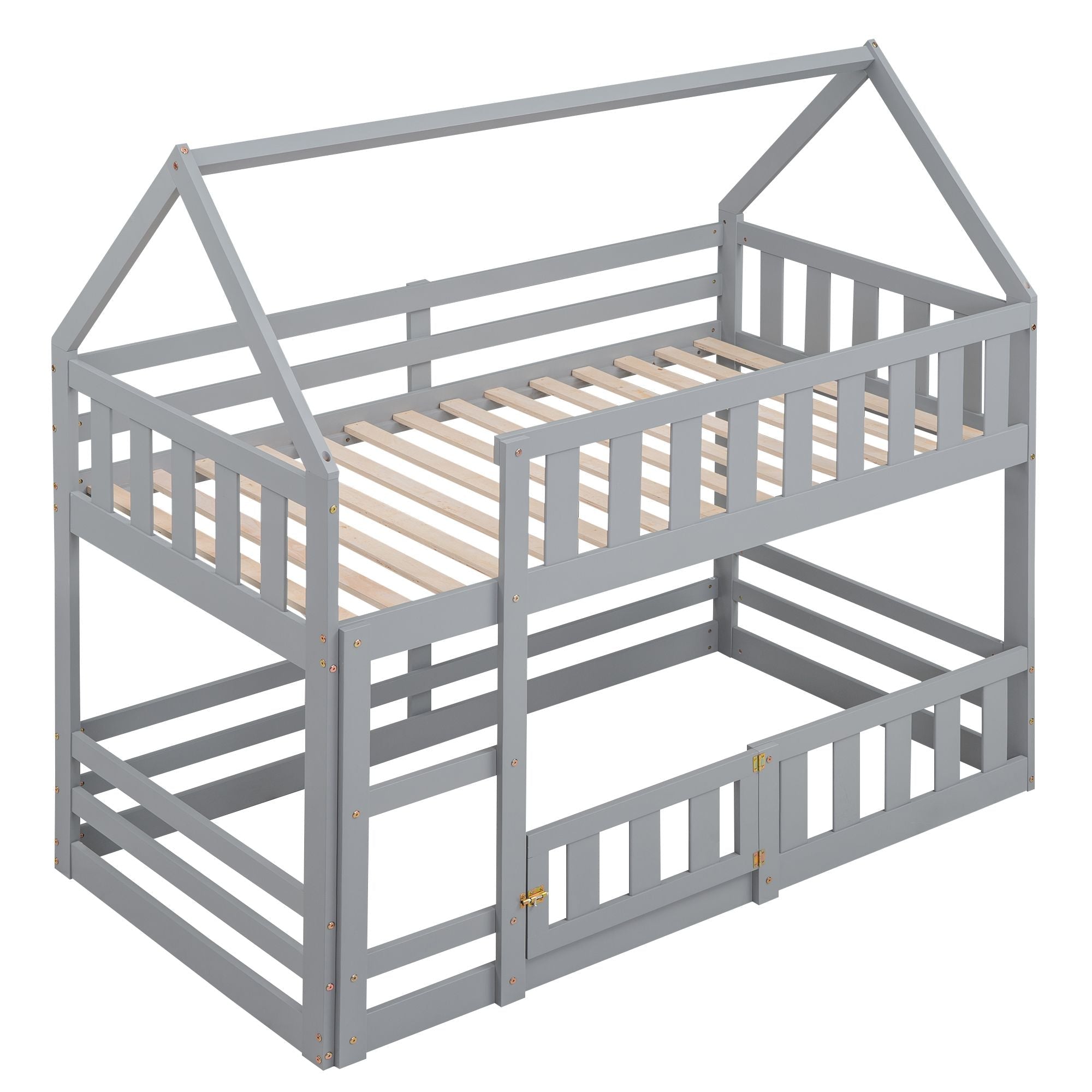 Fun Twin Over Twin Wood House Bunk Bed with Fence and Door, Gray, Pine Wood | Just Better Bunk Beds