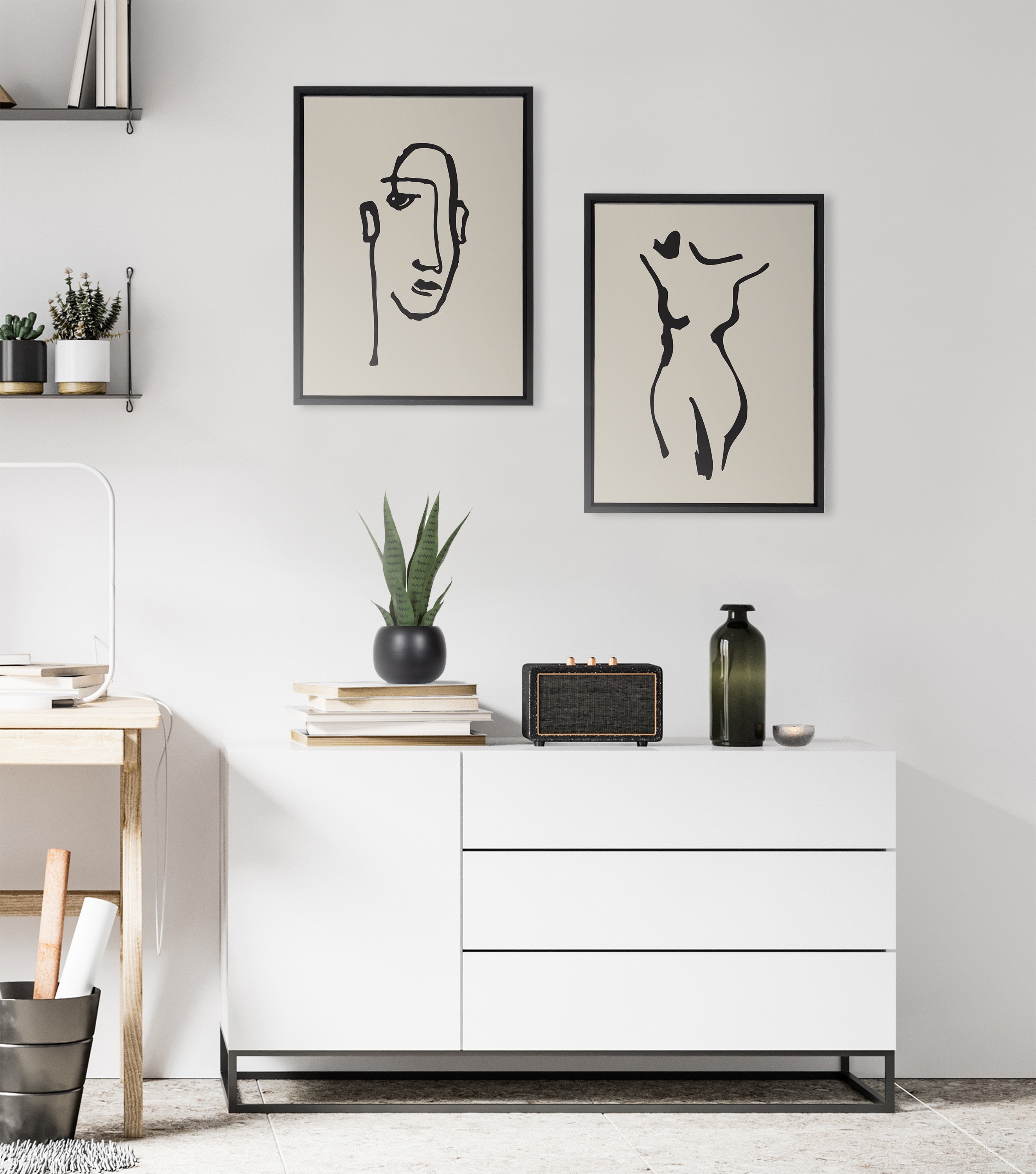 Sylvie Minimalist Neutral Line Art Drawing Face and Body Framed Canvas Art Set by The Creative Bunch Studio