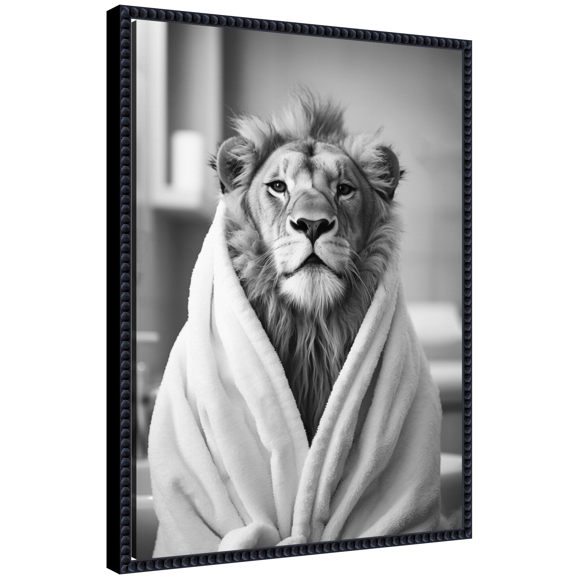 Sylvie Lion Bathroom Art Towel Robe Black and White Framed Canvas by The Creative Bunch Studio