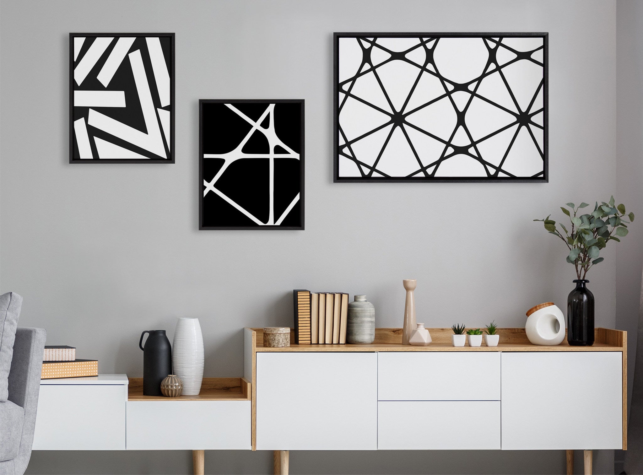 Sylvie Elevated Modern Black and White Minimalist Pattern No 1, 2 and 3 Framed Canvas by The Creative Bunch Studio