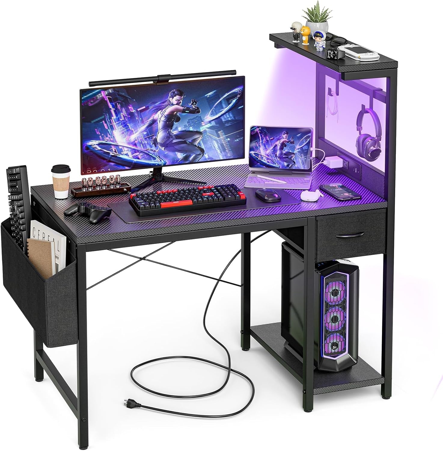 Gaming Desk 55 Inch With Power Outlet And Led Light Carbon Black