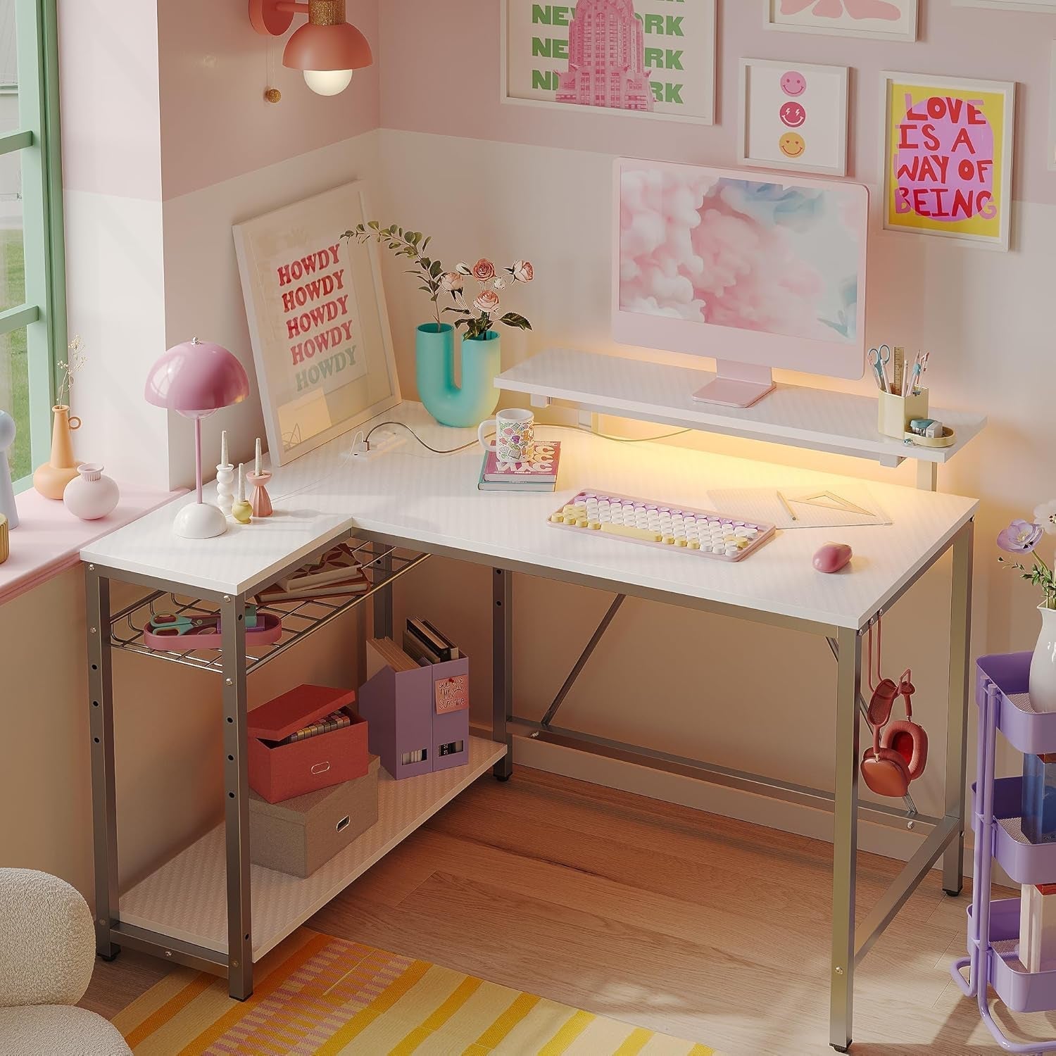 42 Inch L Shaped Gaming Desk With Integrated Power Outlets