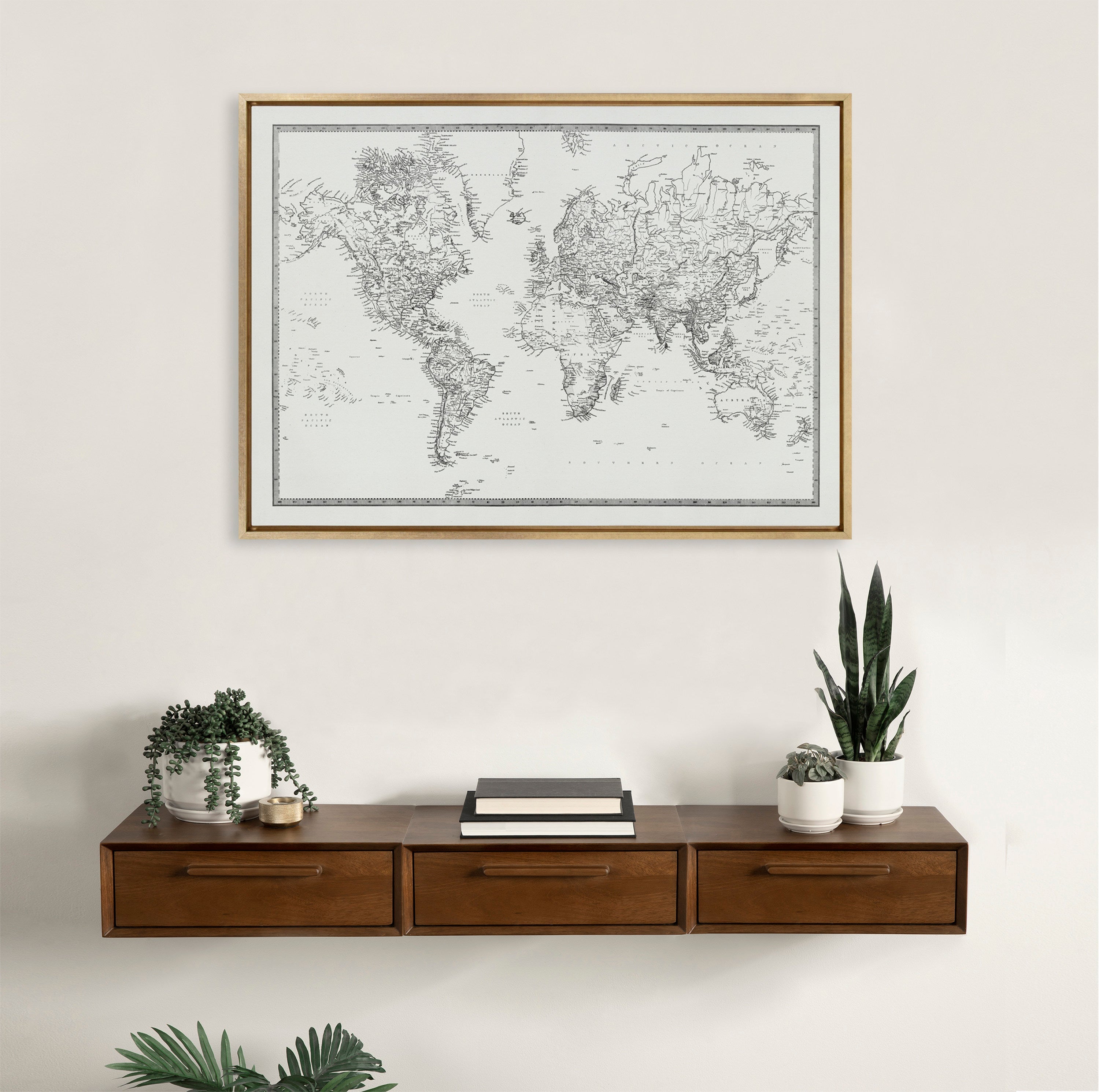 Sylvie Vintage Black and White World Map Framed Canvas by The Creative Bunch Studio