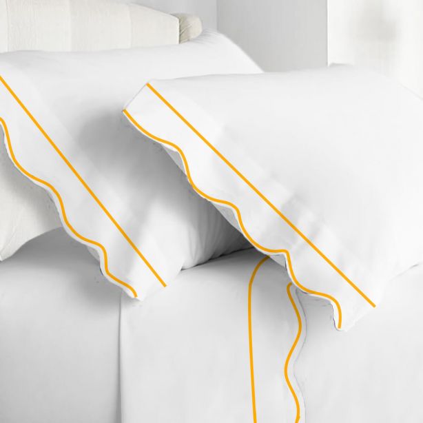 400TC Cotton Scallop Embroidery & Border Sateen Solid Sheet Set
