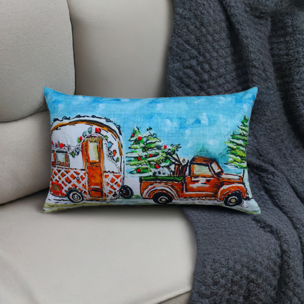 Hand Illustrated Christmas Cravan Holiday Pillow (14"X20")