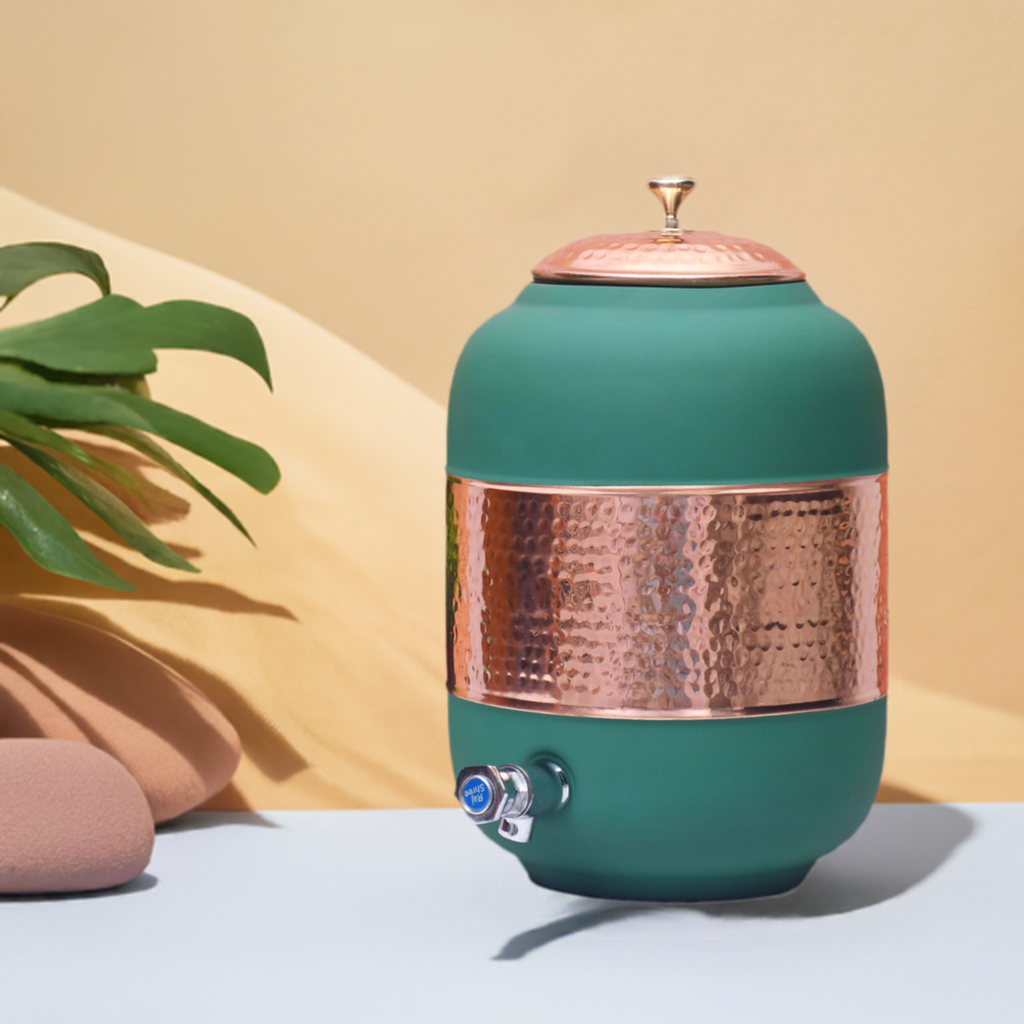 Pure Copper Silk Green Half Hammered Water Dispenser (Matka) Capacity 8000ML-4