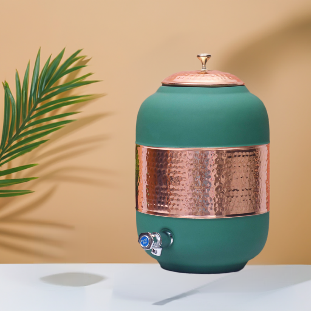 Pure Copper Silk Green Half Hammered Water Dispenser (Matka) Capacity 8000ML-2