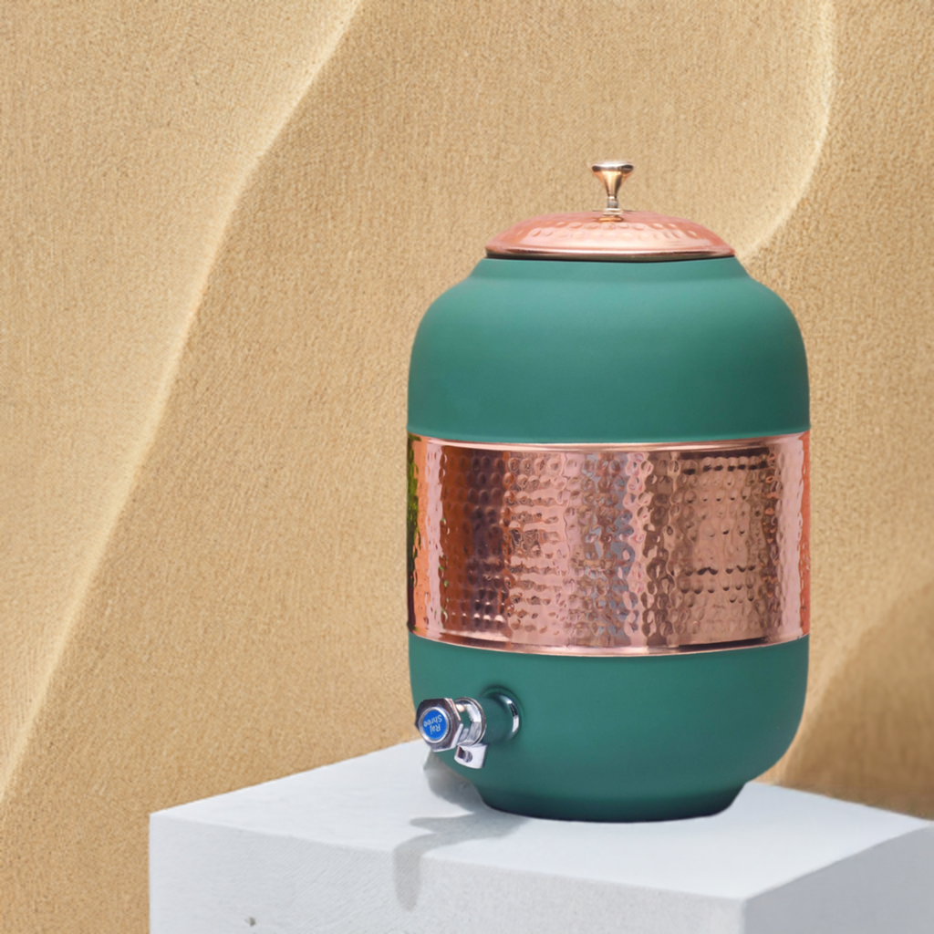 Pure Copper Silk Green Half Hammered Water Dispenser (Matka) Capacity 8000ML-3