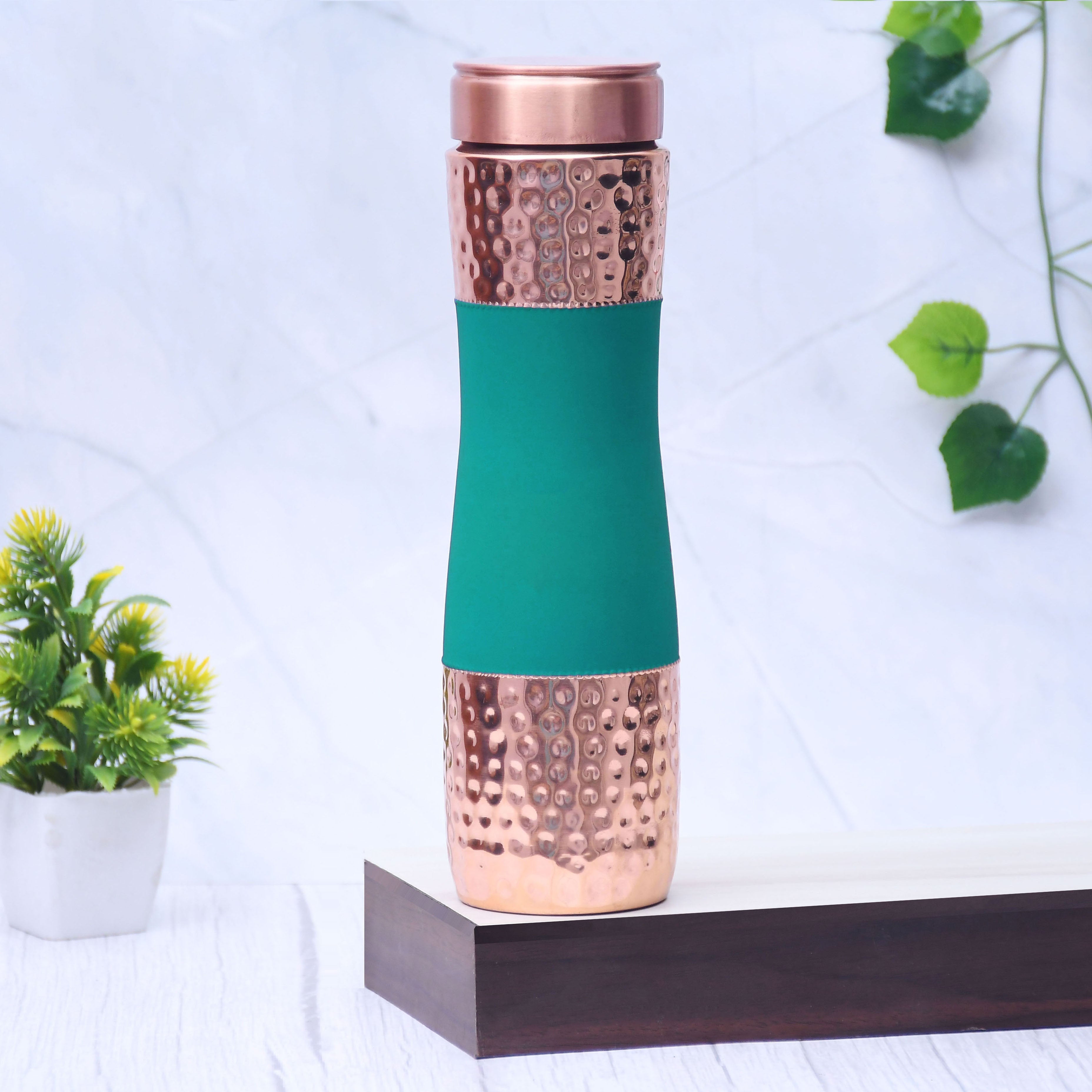 Pure Copper Water Bottle Silk Green Half Hammered Capacity 1000ML-3