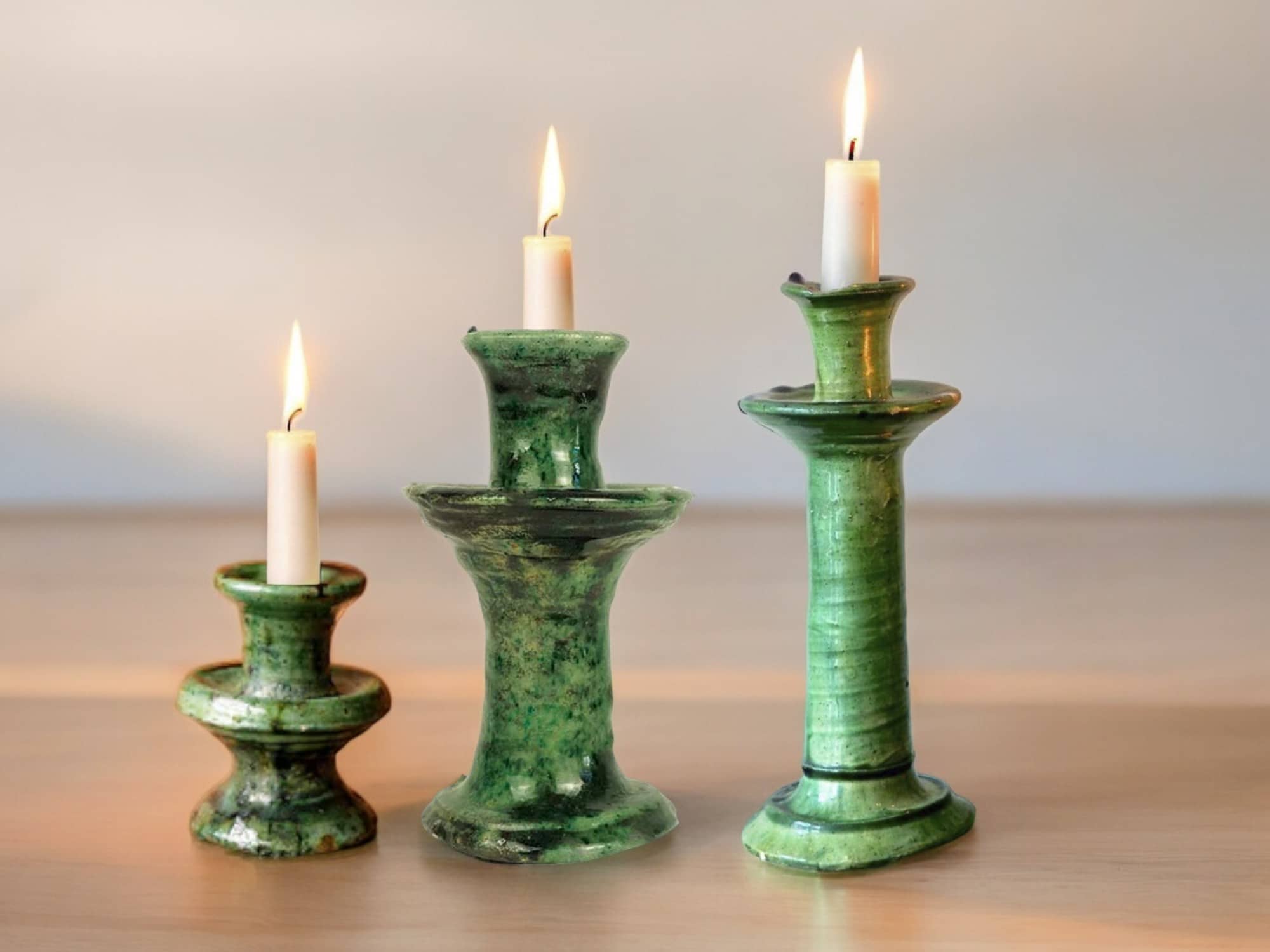 Handmade Moroccan Vintage Tamegroute Green Candlestick Holders: Set of 3 Ceramic Glazed Pottery-1