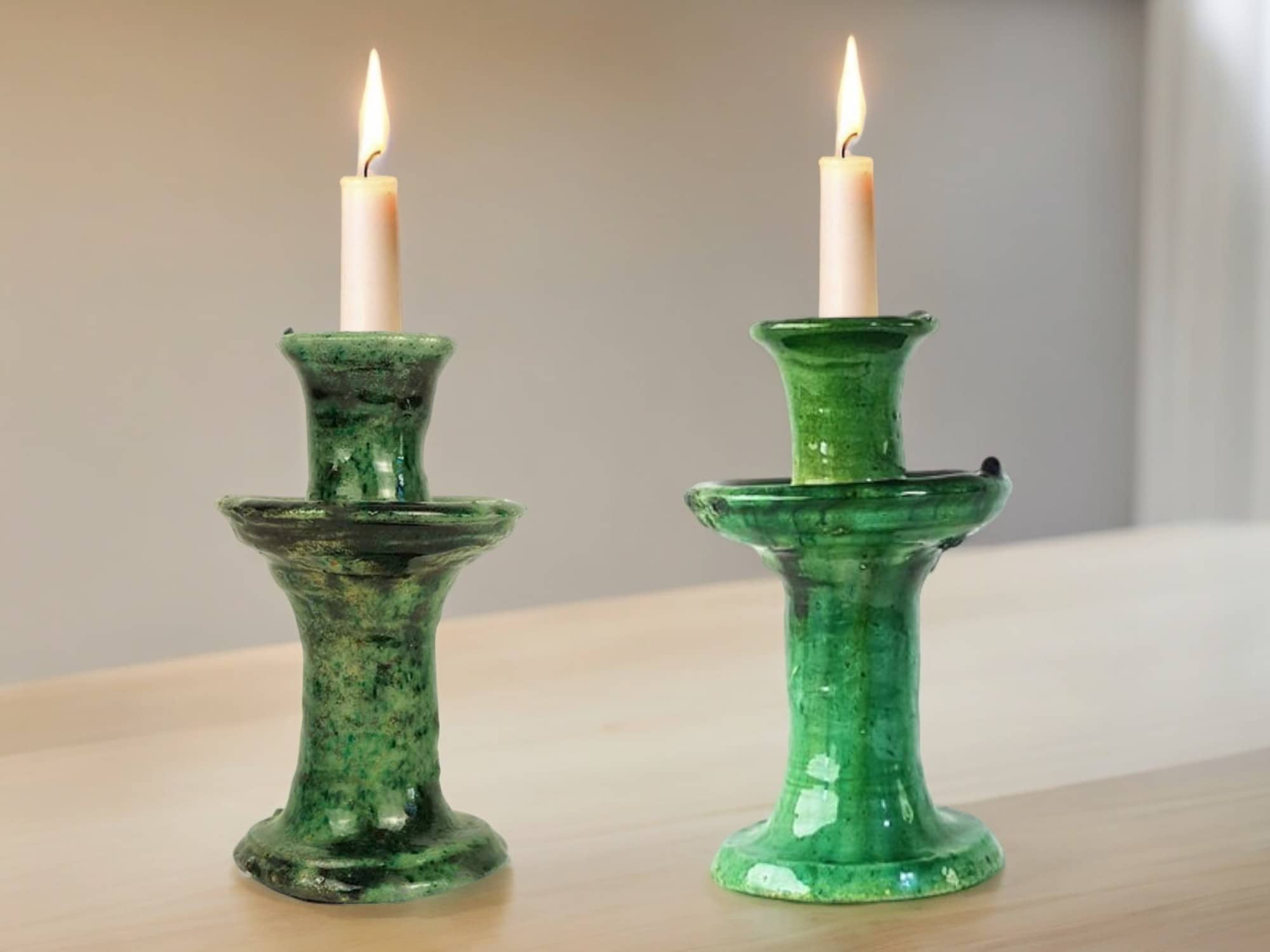 Handmade Moroccan Vintage Tamegroute Green Candlestick Holders: Set of 3 Ceramic Glazed Pottery-3