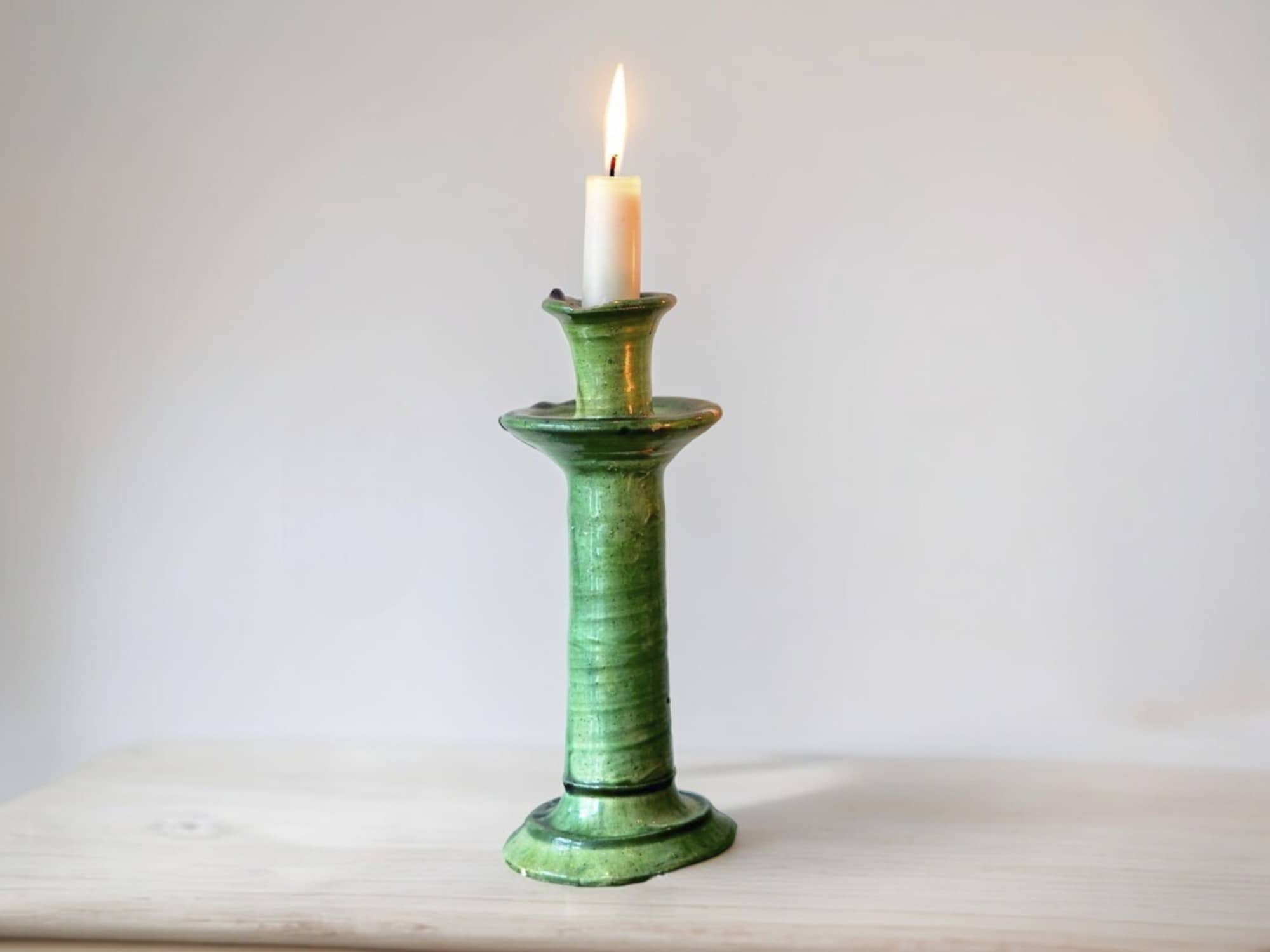 Handmade Moroccan Vintage Tamegroute Green Candlestick Holders: Set of 3 Ceramic Glazed Pottery-3