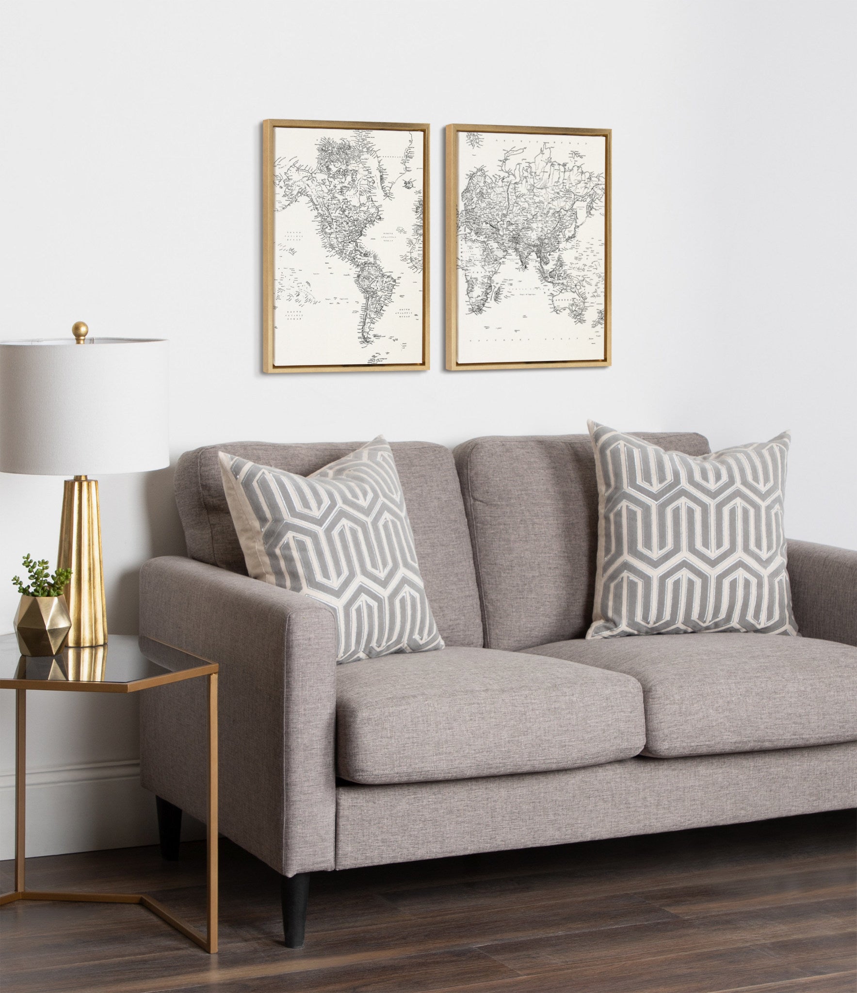 Sylvie Black and White Modern Retro World Map Framed Canvas Set by The Creative Bunch Studio