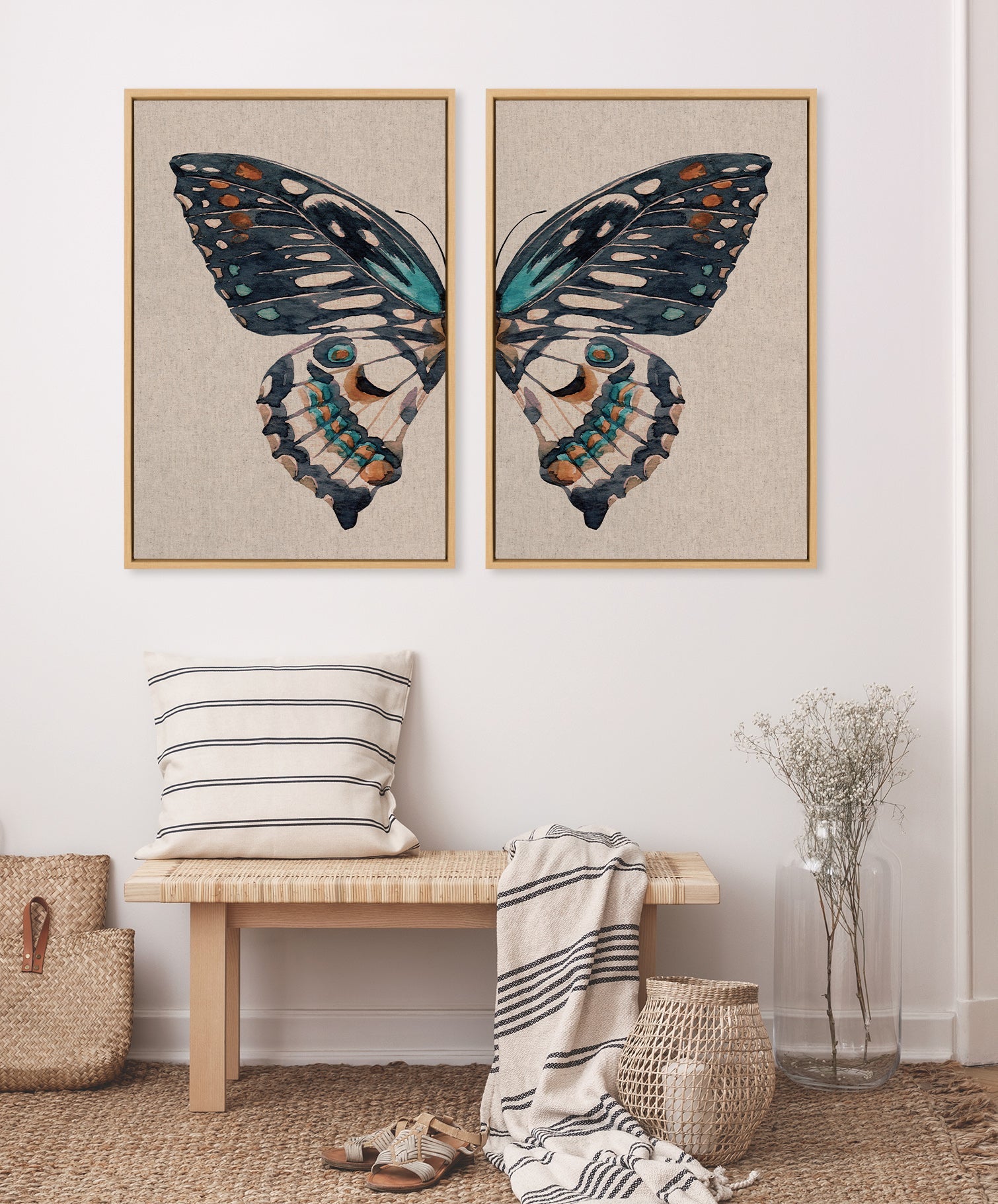 Sylvie Boho Butterfly Watercolor Diptych Neutral Linen Framed Canvas Art Set by The Creative Bunch Studio