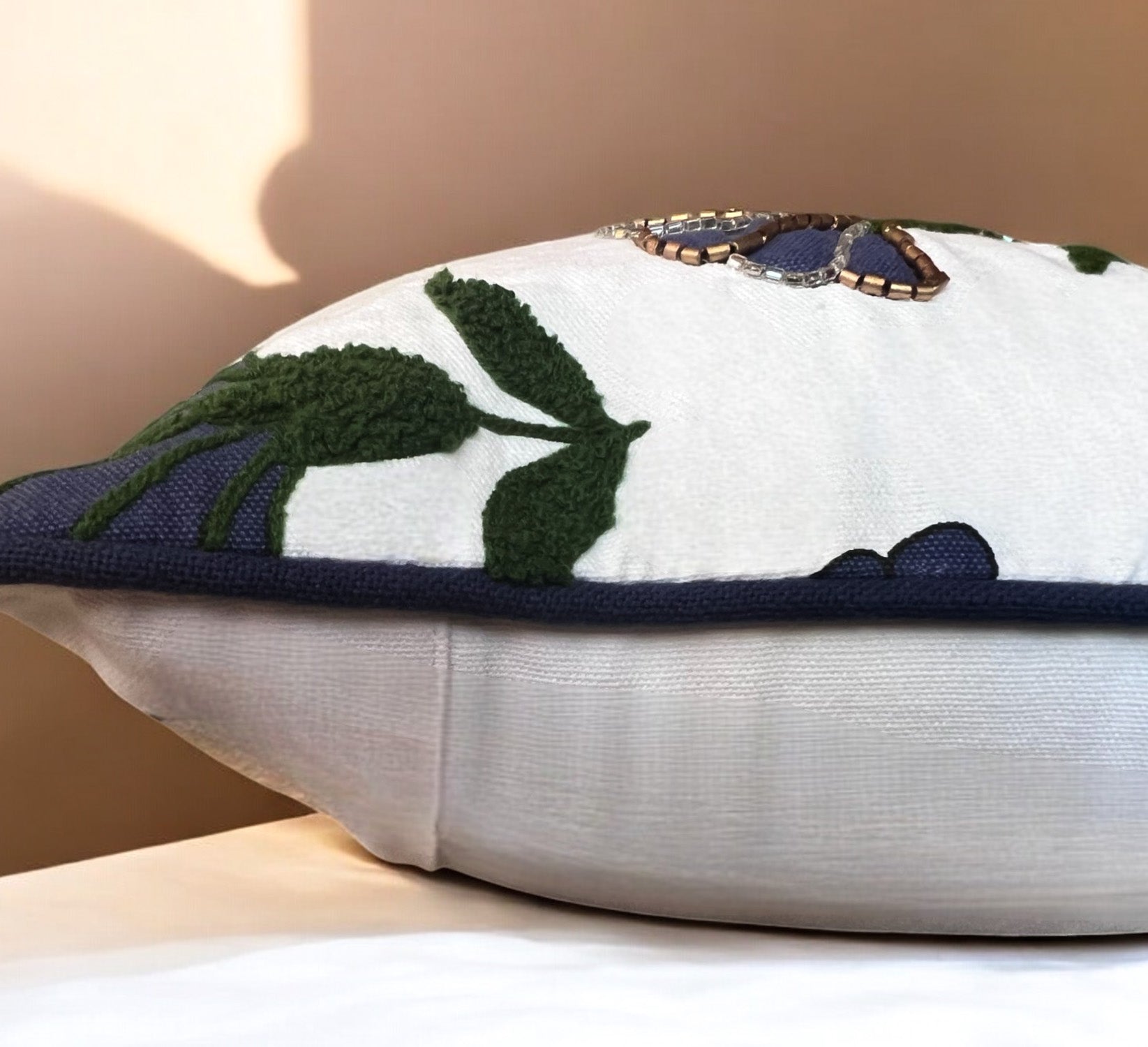 Embroidered Floral Blue Boho Accent Throw Pillow