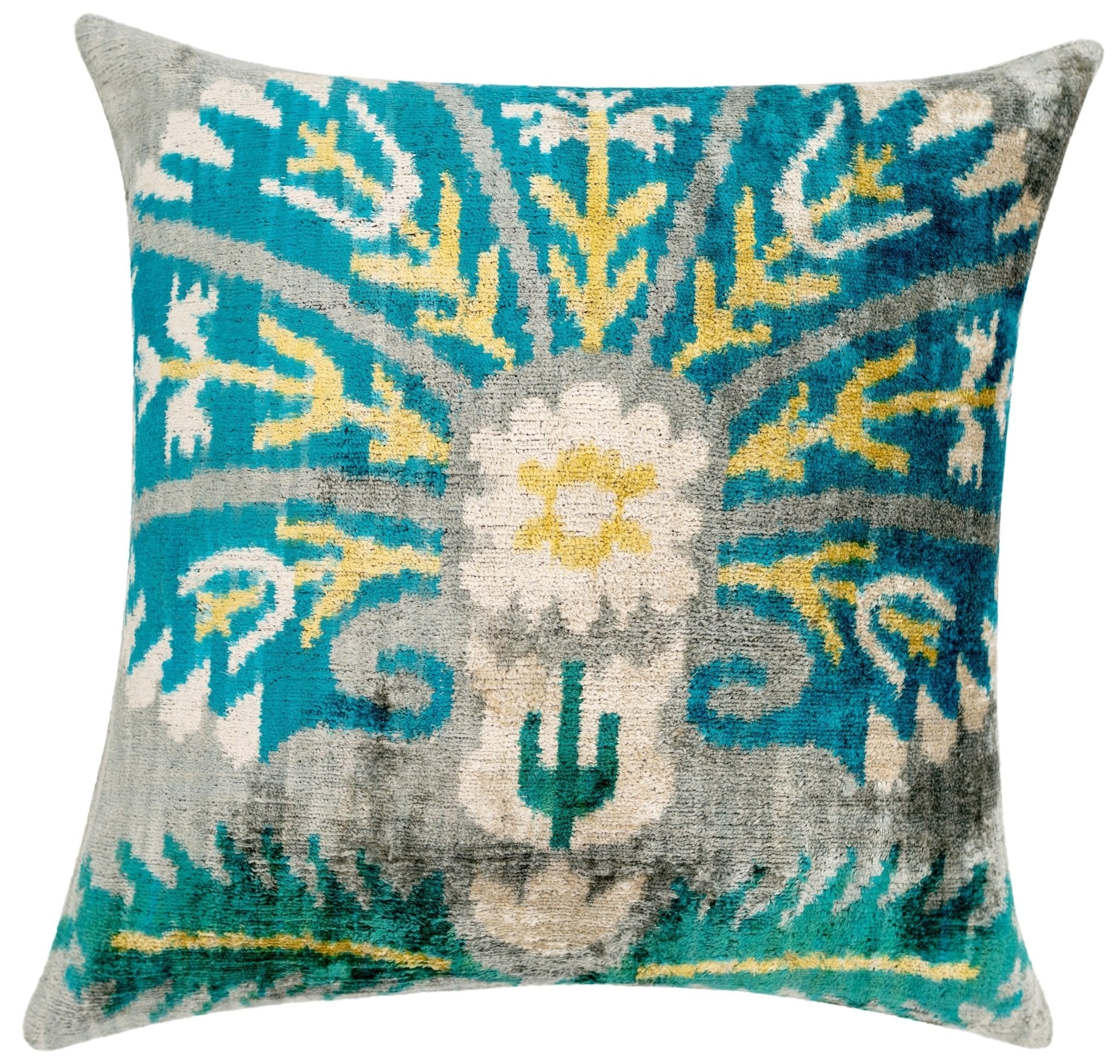 Handmade Velvet Throw Pillow with Turquoise and Yellow Ikat Design - High-Quality 20x20 Inch Decorative Accent with Premium Down Feather Insert-3