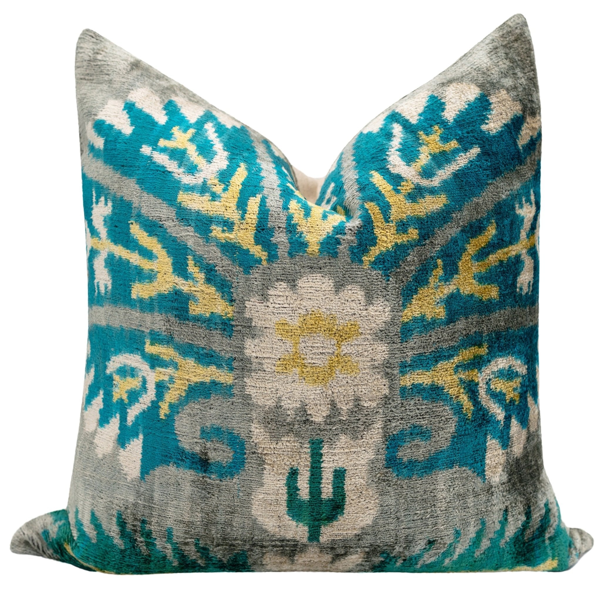 Handmade Velvet Throw Pillow with Turquoise and Yellow Ikat Design - High-Quality 20x20 Inch Decorative Accent with Premium Down Feather Insert-0
