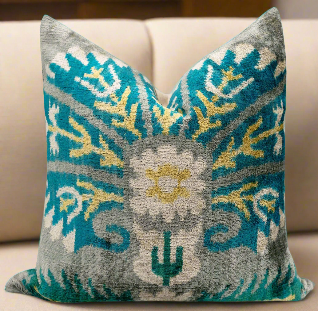 Handmade Velvet Throw Pillow with Turquoise and Yellow Ikat Design - High-Quality 20x20 Inch Decorative Accent with Premium Down Feather Insert