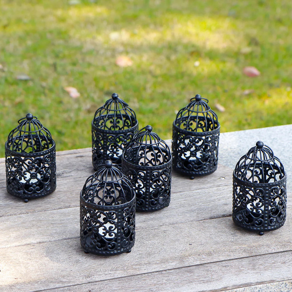 Set of 6 5.5" H Hanging Birdcage Tealight Lantern (Black)-0