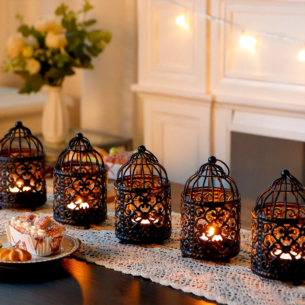 Set of 6 5.5" H Hanging Birdcage Tealight Lantern (Black)-1