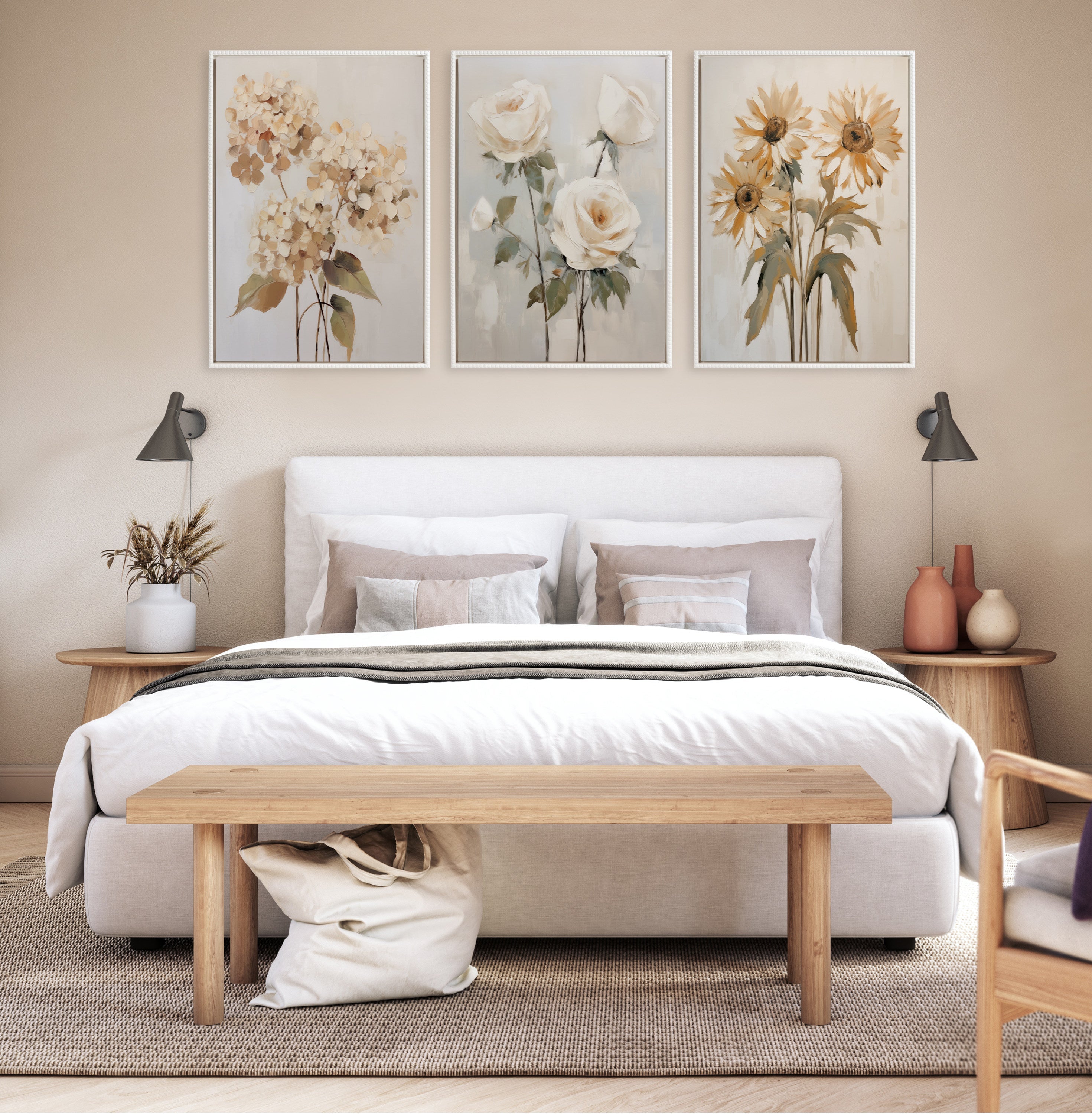 Sylvie Beaded Soft White Roses Framed Canvas by The Creative Bunch Studio