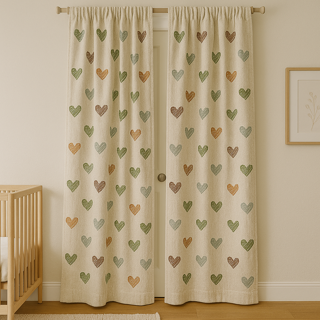 Heart Print Linen Nursery Curtains – Custom Sizes, Blackout or Cotton Lined – Rod Pocket & Track Compatible-3