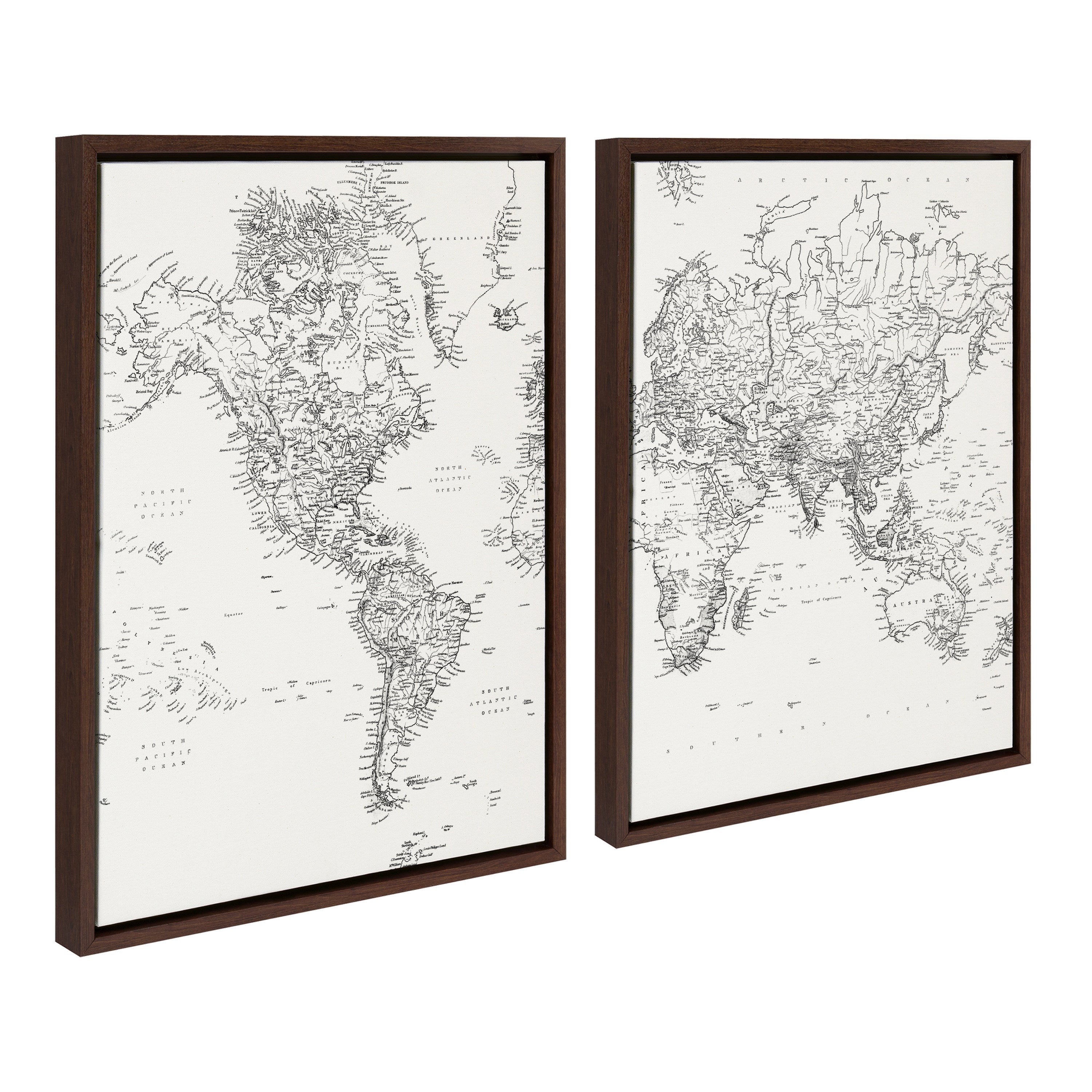 Sylvie Vintage Black and White World Map Framed Canvas Set by The Creative Bunch Studio