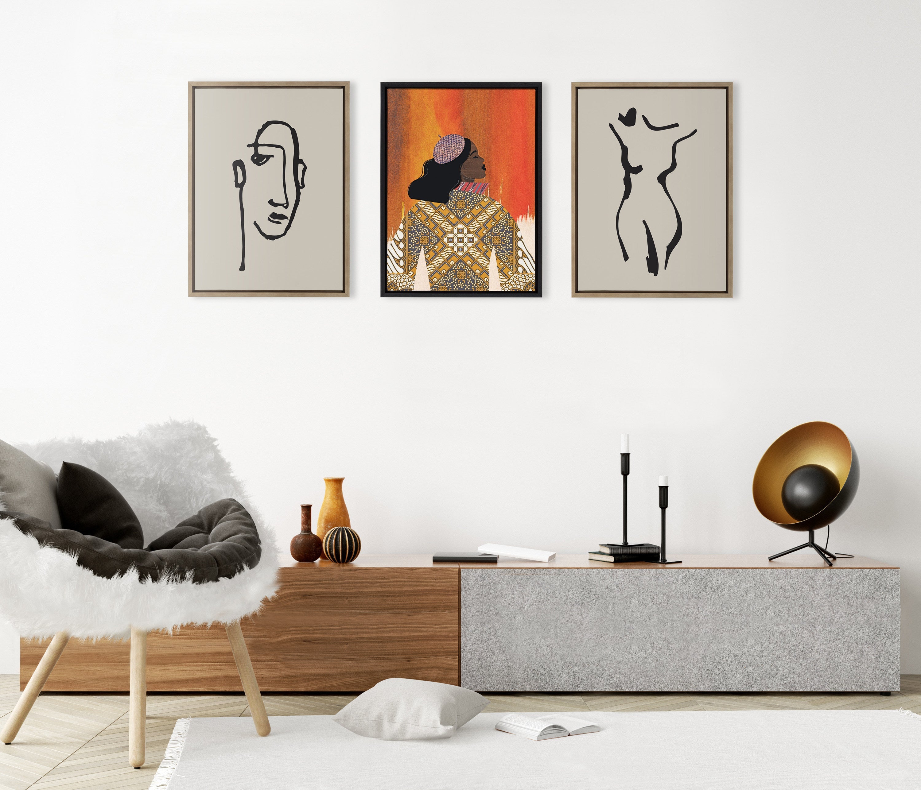 Sylvie Minimalist Neutral Line Art Drawing Face and Body Framed Canvas Art Set by The Creative Bunch Studio