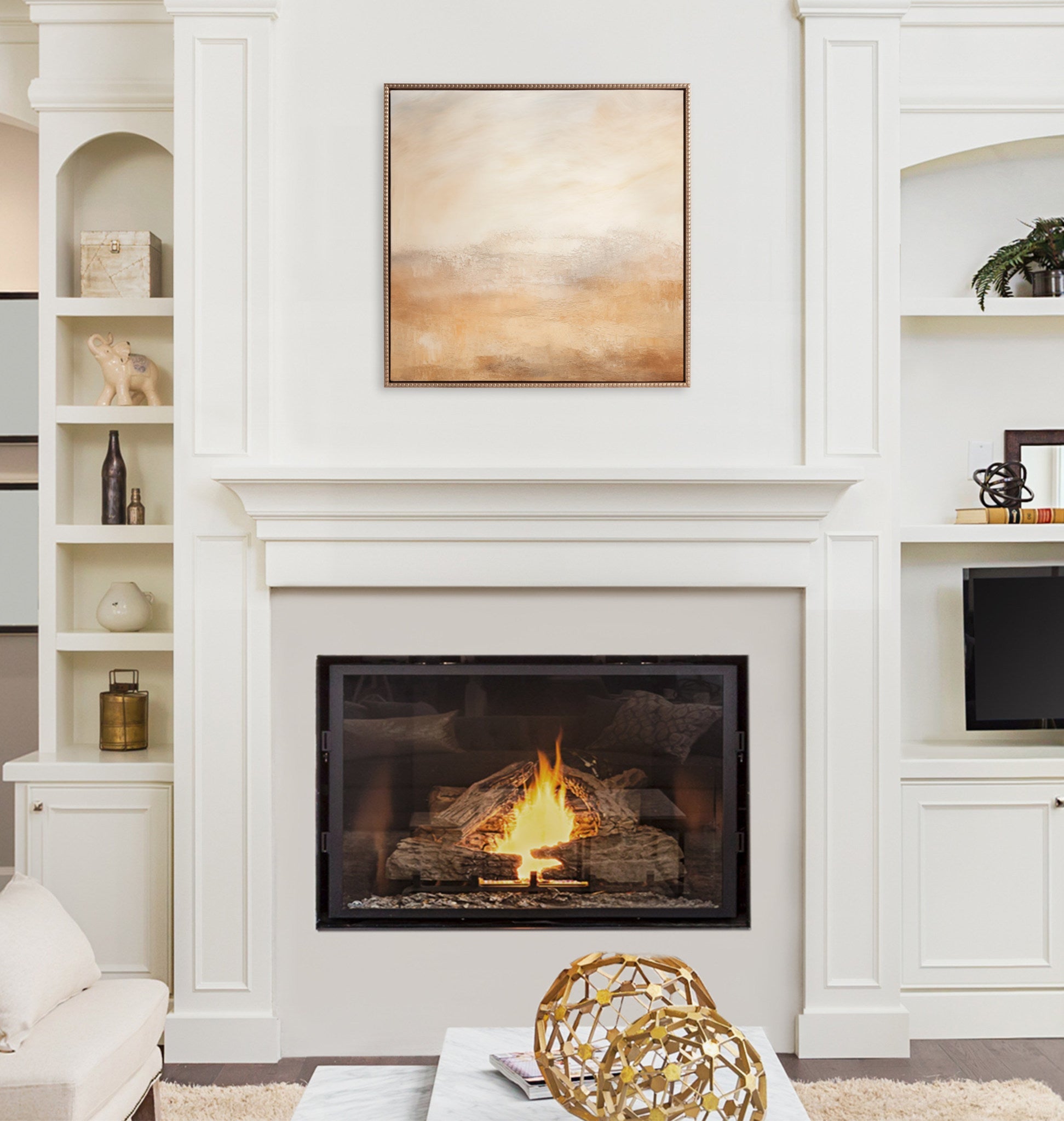 Sylvie Beaded Tonal Abstract Earthy Warm Framed Canvas by The Creative Bunch Studio