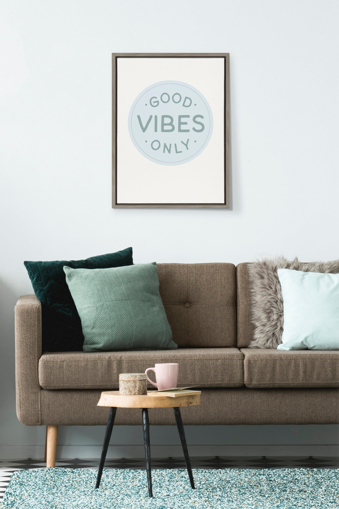 Sylvie Good Vibes Only Pale Blue Button Framed Canvas by The Creative Bunch Studio