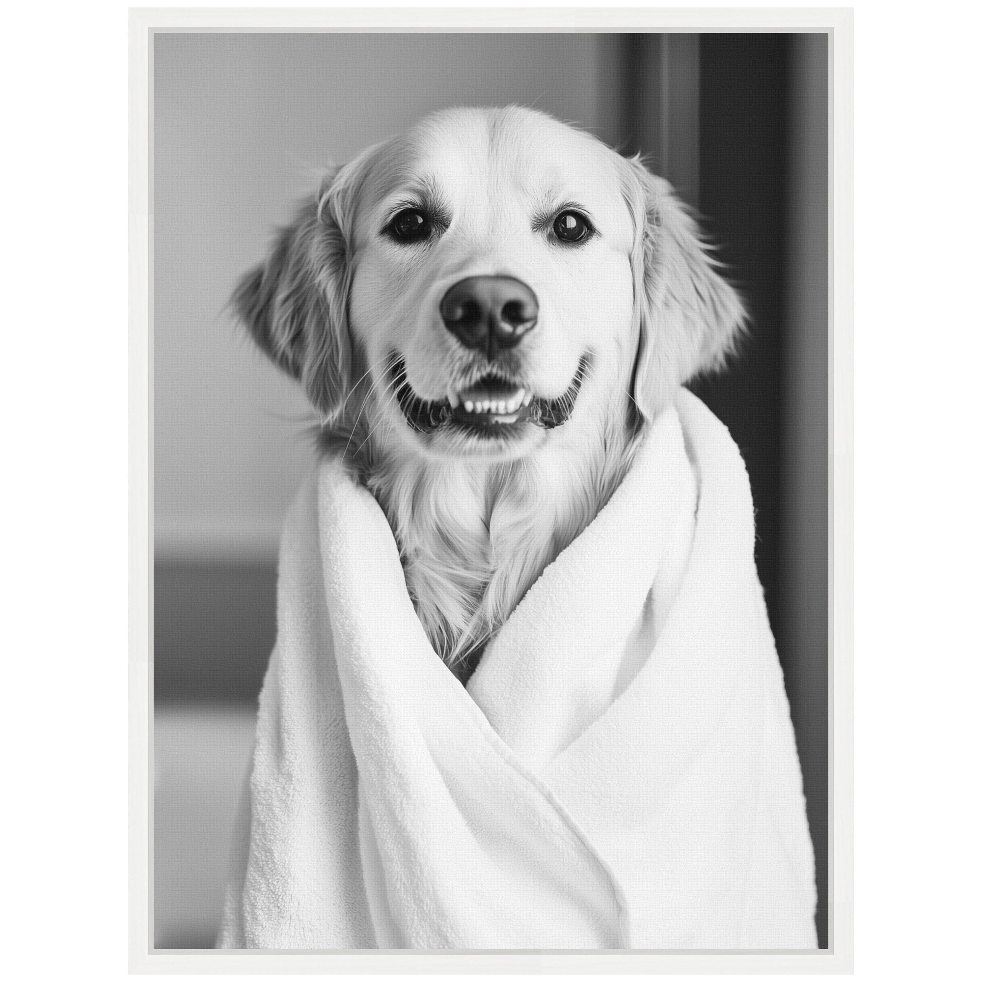 Sylvie Golden Retriever Bathroom Towel Robe Black and White Framed Canvas by The Creative Bunch Studio