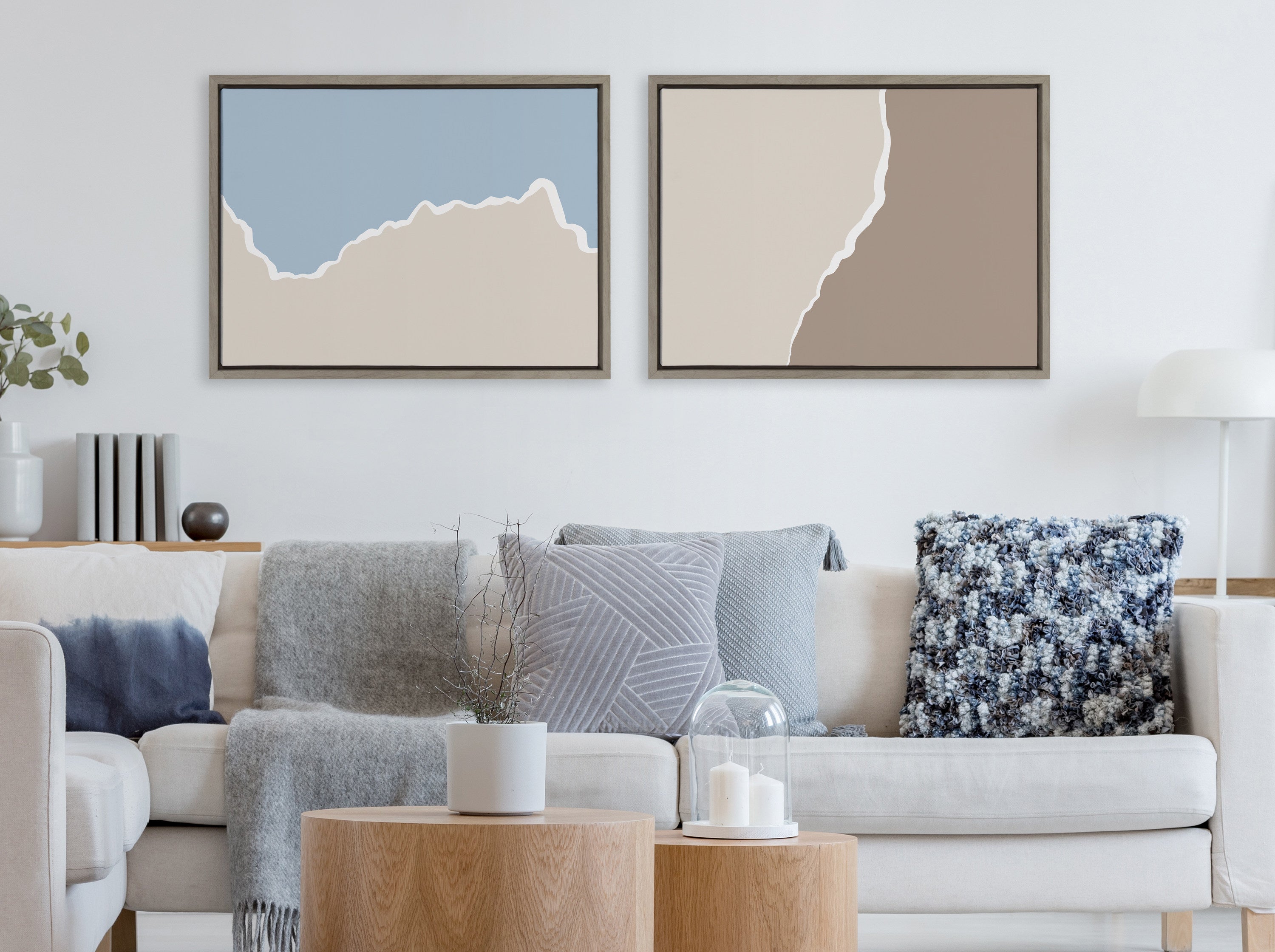 Sylvie Muted Abstract Landscape Beige and Blue Framed Canvas by The Creative Bunch Studio